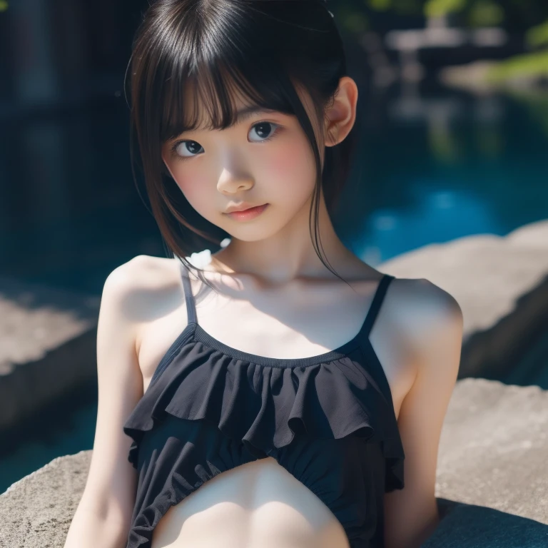 (masterpiece, highest quality:1.4), award-winning portraits, 8K, 85mm, alone, beautiful face, delicate girl,  (school swimwear)、 grace, Sophisticated, cute, teen, looking at the viewer, Raw photo, HDR, A bright smile, background bokeh、(((flat 、thin and delicate body)))、shiny semi-long hair、Mole on the left cheek、large, round, dark blue eyes、(knee shot)、((Uplifting、come running to me、hair waving in the wind))、naked