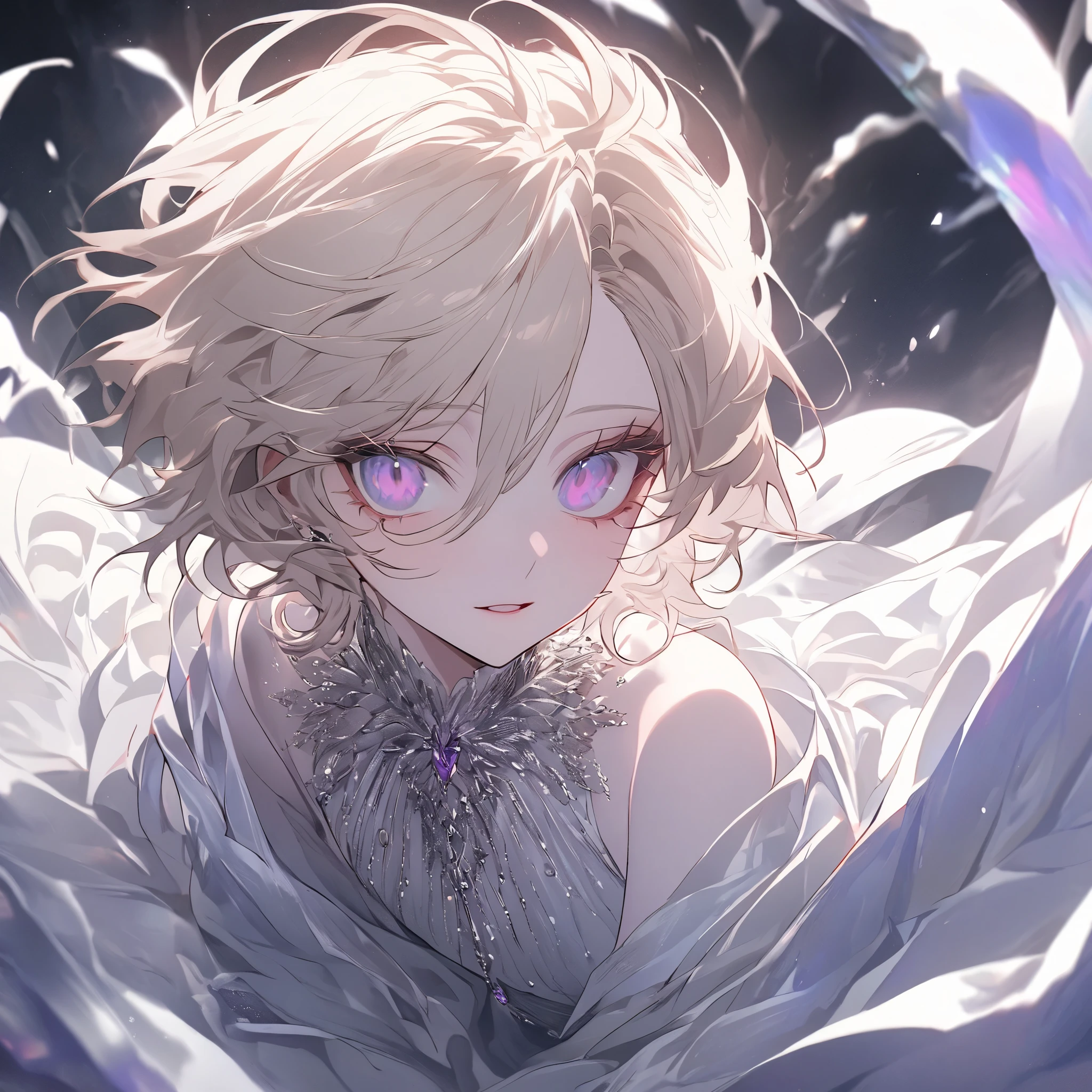 1femboy, eyelashes, Prince, mysterious, 1boy, slender boy, he has pale skin, High Resolution, Best Quality,
A stunning, delicate and feminine young prince with a slender and graceful frame. He has platinum blonde hair, soft and wavy, with subtle hints of violet and red, flowing around his face. His skin is pale and flawless, showcasing his eternal youth, and his sharp, yet gentle features exude both innocence and elegance. His eyes are captivating: one is a deep, glowing red, and the other is a soft, light blue. He wears luxurious, intricate clothing, adorned with silver jewelry, giving him an air of royalty and mystery. Despite his beauty, his gaze carries a chilling intensity, a sense of underlying power and danger. His overall appearance is ethereal, almost otherworldly, blending beauty with an unsettling coldness. His presence is both captivating and dangerous, emanating an aura of control and strength