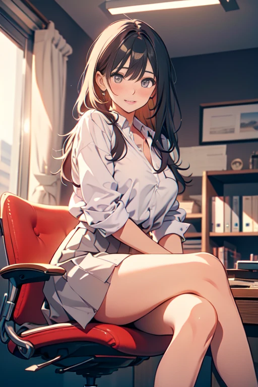 A beautiful woman, in her 20's, overwhelmed, sad, blushing, in her room, dusk, sobbing, window open, studying, sitting in a chair, behind a desk, aerial view, top focus, looking up at the ceiling, /(tanned brown skin, extremely long straight dark brown hair styled in a ponytail, brown eyes,), /(casual clothing: long pleated pleated skirt fitted slit to the knee, V-neck blouse, full body open coat, patent leather shoes with low heel, stockings,), /(shapely legs, hourglass athletic body, medium hips, medium waist, medium chest,),