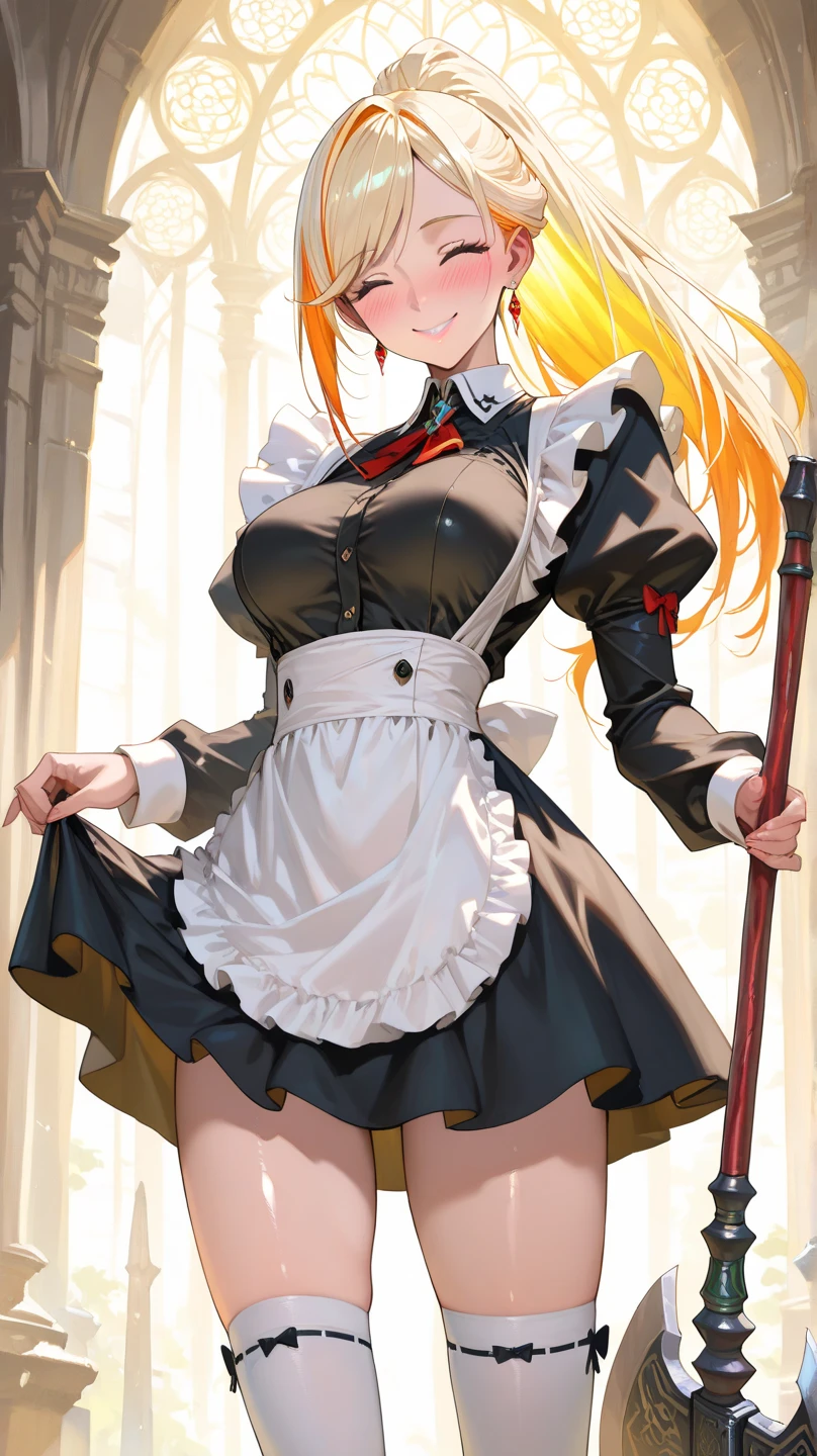 2d, masterpiece, best quality, anime, highly detailed face, highly detailed eyes, highly detailed background, perfect lighting, 1girl, solo, kaela kovalskia, eyewear on head, red hairband, large breasts, blush, stocking, maid dress, standing, bed, safe for work, sfw,