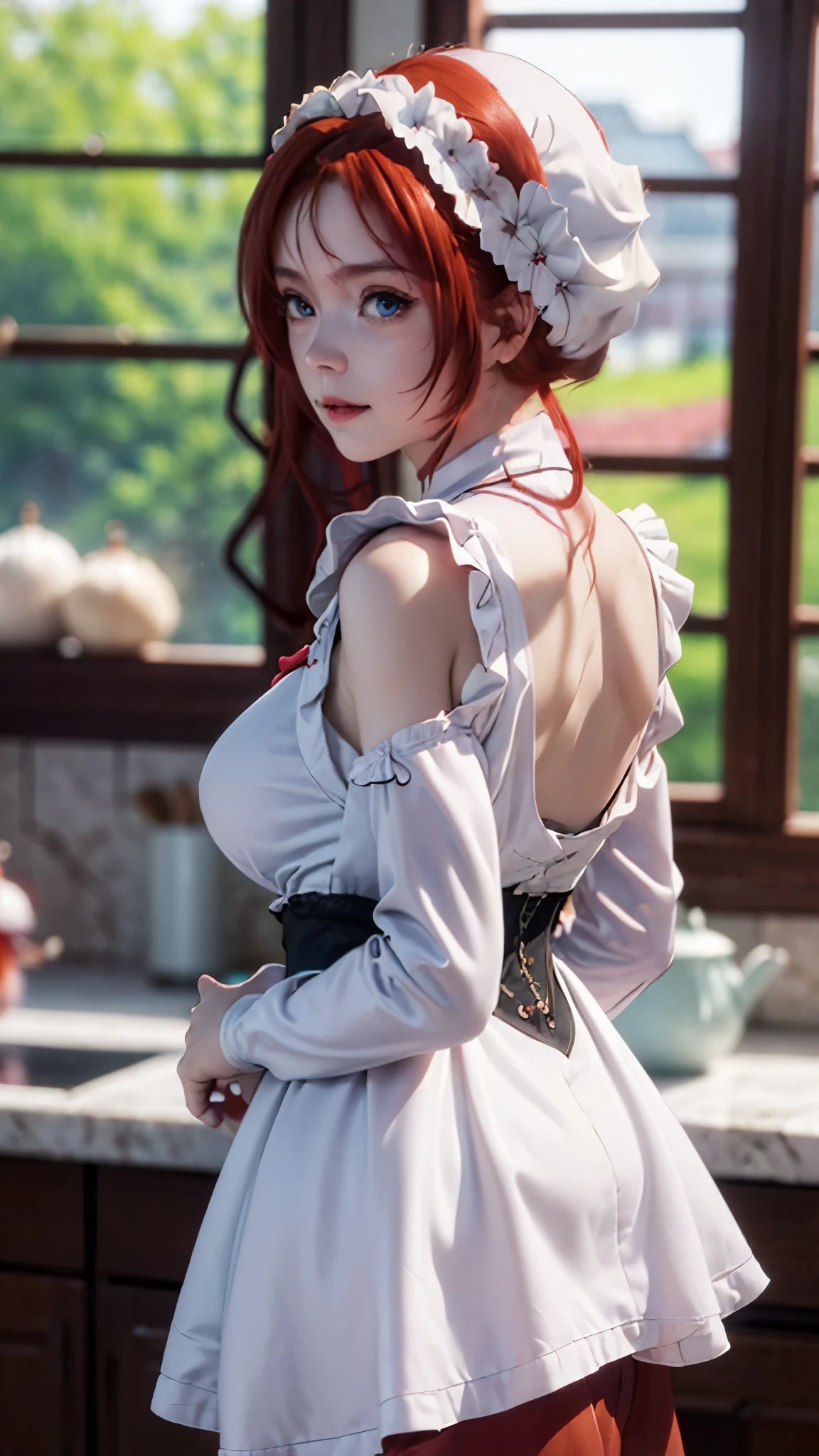 Landscape of a very beautiful 1girl, (((face exposed)))!!!, (((cowboy shot)))!!!, (photo from the side:1.4)!, (((front focus))), (((background Blurry))), Bokeh, lens flare, photography with Fujifilm XT3, depth of field, film grain, female focus, BREAK, Ilia Coral/(The Magical Revolution of the Reincarnated Princess and the Genius Young Lady/), anime style, (((standing at the kitche)))!!!, (((light througt the window)))!!!, ((luxurious interiors))!!, (looks at the audience with beautiful blue eyes iris like sapphire)!, Ultra detailed eyes, (Beautiful light blue pupil's eye's like sapphire:1.4)!, Stars in her fixed eyes, (homochromatic eyes)!!!, (warm smile:1.4)!, long sleevemouth, (thin fresh peach lips)!, (Blush face)!, Perfect nose, Cute little nose, beatiful face, Face Clean, realistic Skin, hyper realistic, Perfect eyebrow appear through Light Red hair, red hair between eyes, (Light red hair himecut pony:1.4)!, (((red hairbun style:1.5)))!!!, (((white hairbun cover:1.5)))!!!, (((white satin hair band)))!!!, ((dynamic composition)), BREAK, detached sleeves, (close shoulders with maid dress:1.5)!, /(((wear original costume of Ilia Coral)))!!!, ((wear black&white long maid dress))!!!, Kindness, (((white Capelet Collar)))!!!, (((black hairtie)))!!!, (((puffed long sleeves)))!!!, (((white apron_large bow)))!!!, (((white chocker)))!!!, plump breasts, (((plump breast covered with silk))!!, (white stretch lace top silky stocking)!, black highheels, vivid color clothes, detailed realistic clothes, BREAK, Best Quality, Masterpiece, Ultra-detailed, Beautiful, hight resolution, Original, CG 8K, perfect photo, dramatic lighting, Beautiful lighting, ((Realistic fantasy art))!!, Realistic, Full HD, Best Quality, award winning, (8k wallpaper of extremely detailed CG unit), High Details, sharp-focus, The art of dramatic and photorealistic painting, ((at center of kitchen)), dynamic composition, breathtaking rendering, strong color, deep shadow