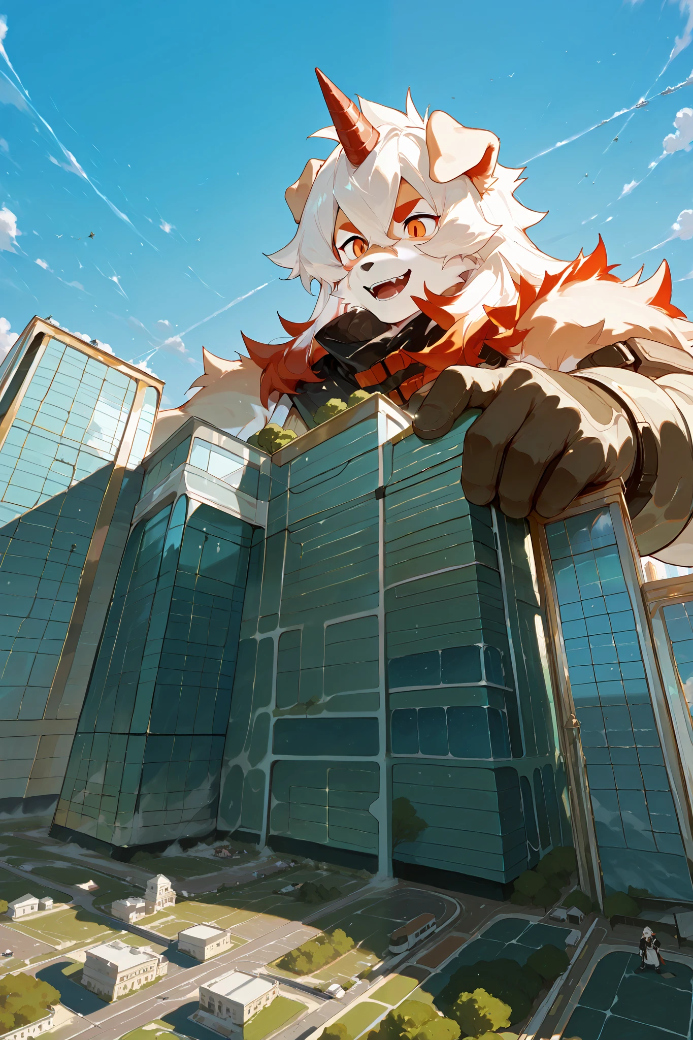 score_9, score_8_up, score_7_up, score_6_up, furry, anthro, solo, hung, perro, arknights, two-tone fur, medium hair, white hair, single horn, orange eyes,(macro size: 1.6), (a giant furry hung in a fantasy town: 1.1), describe image of a giant hung doing something in a fantasy town,