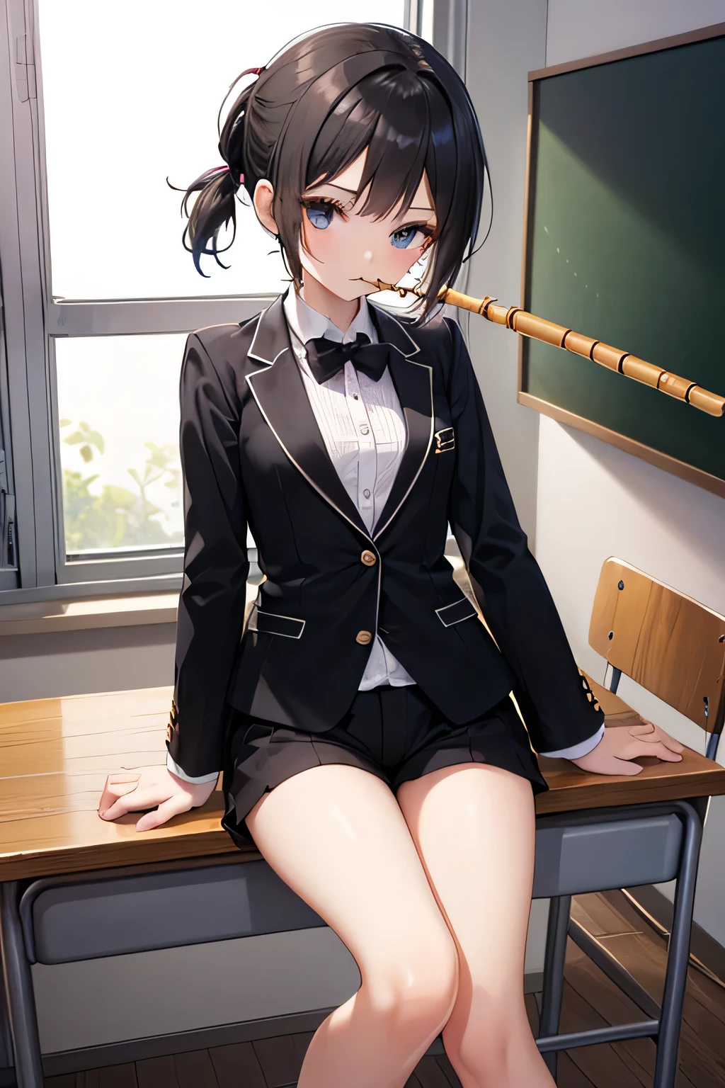 (((((1girl))))), (((best quality))), ((((masterpiece)))), ((ultra-detailed)), (illustration), (detailed light), (an extremely delicate and beautiful), (beautiful detailed eyes), (sunlight), ((extremely light)),
((((school blazer and a pleated skirt)))),
school girl,
wavy medium hair, (((dark brown hair))), (((long hair))),
(((deep orange eyes))),
((whole body)), aged 14 to 17,
diamond, beautiful, ((extra elegant)), (((condescending expression))), (sexually mischievous smile), (((extra adorable))), (((extra slender shape))),
(((sitting on the desk in the classroom with a leg up))),
(((exposed pale pink panties))),
(((extraordinarily thin thighs))),
(((mat white ankle socks))),