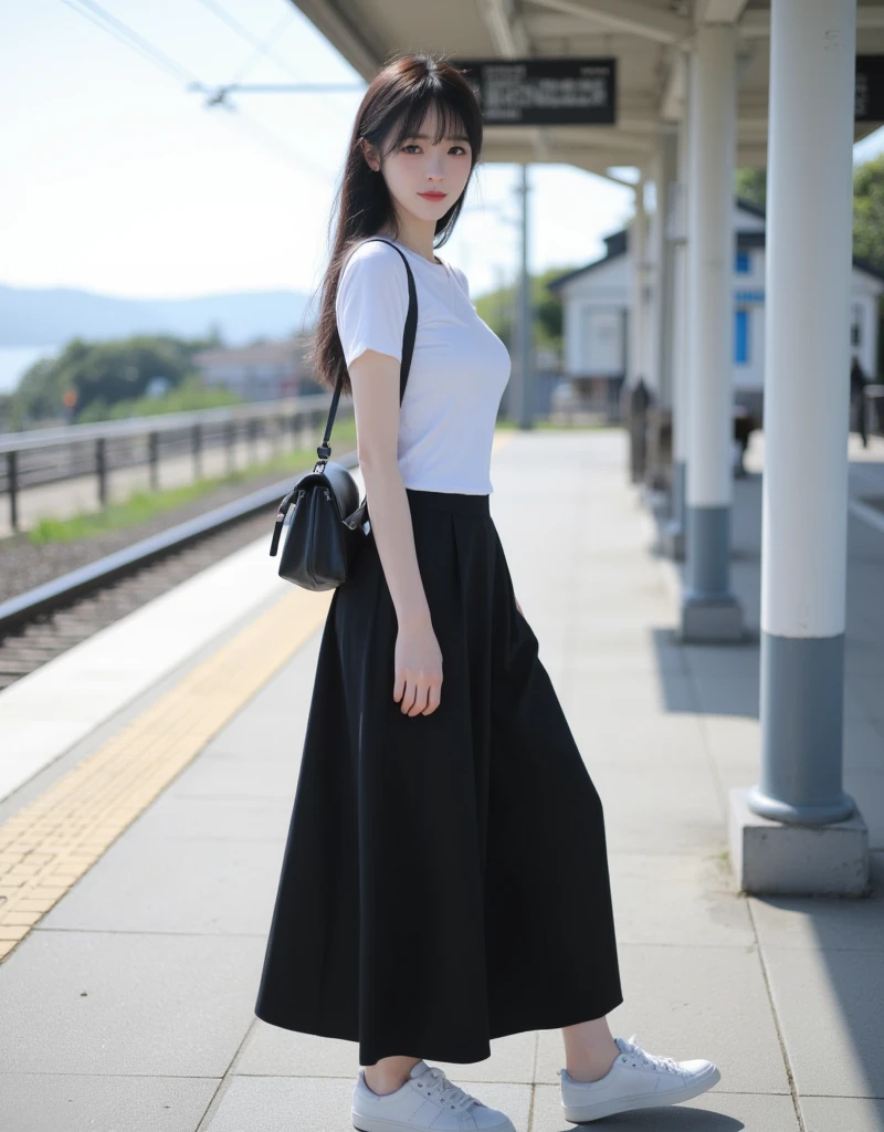She has her hair tied up high，Wear stylish hair accessories，Wearing a long flowing skirt，Her beautiful eyes and charming smile、It has a heart-warming charm.。Sexy yet attractive