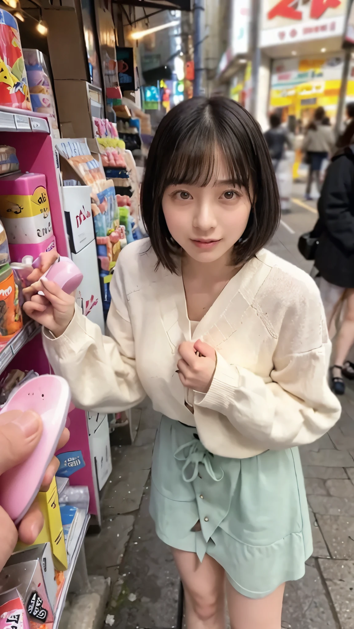 Electric horse prank in a public place, girl in public,Cute type, droopy eyes:1.5, big round eyes, Leaned forward, short hair, She is yawning, she wants me to stop using her hands ,SHE ASKS FOR ME TO STOP USING THE VIBRATOR