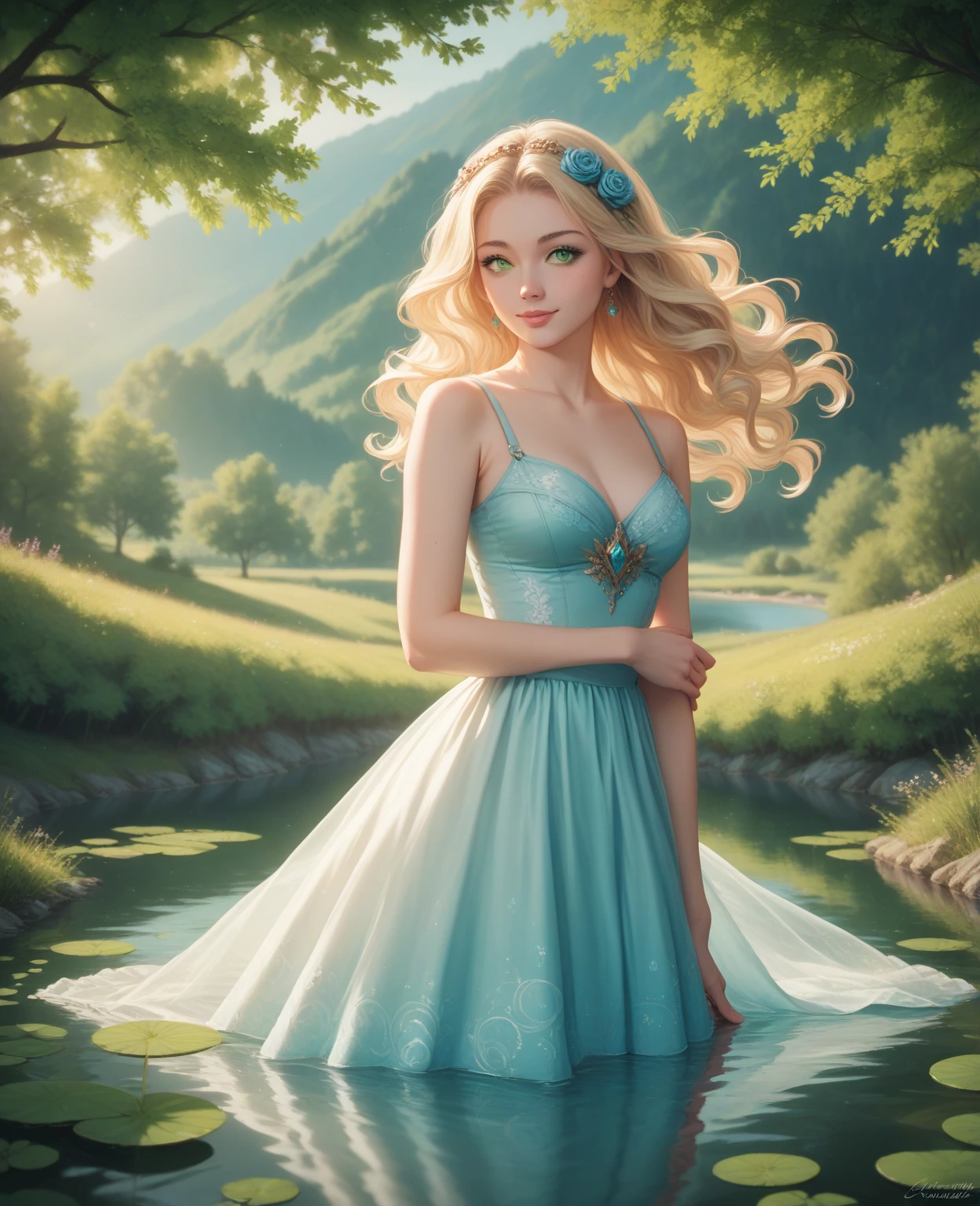 A beautiful woman in a flowing green dress, long wavy hair, detailed facial features, elegant pose, standing in a lush garden with colorful flowers, sunlight filtering through the trees, cinematic lighting, vibrant colors, intricate details, photorealistic, 8K, masterpiece, (best quality,4k,8k,highres,masterpiece:1.2),ultra-detailed,(realistic,photorealistic,photo-realistic:1.37),HDR,UHD,studio lighting,ultra-fine painting,sharp focus,physically-based rendering,extreme detail description,professional,vivid colors,bokeh,portrait
