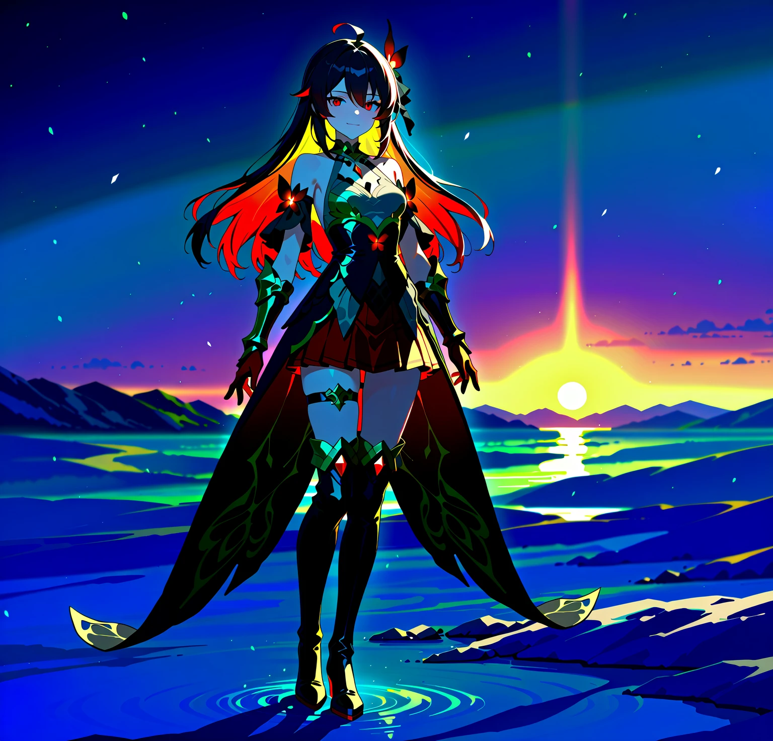 (Very Detailed:1.3), ultra detailed , (Hi-Res:1.1), 最high quality, (masterpiece:1.3), Cinematic Lights, break, dress, Blue Eyes, ( light smile:1.2),2D, Hi-Res, Detailed Details , Detailed Scenery, Beautiful lights , Beautiful Shadows, 最high quality, Very Detailed, masterpiece, 最high quality, ((Alone)), 1 girl, Holb, Blue Eyes, dress, long hair, viewers in Hawaii for the location, anime style, (small breasts), Smiley, flower, snow background, full body, standing, high quality, 最high quality, masterpiece, anime, latest,1 girl, Alone, SeeleVelionaNyx, red eyes, black and red hair, two-tone hair, multicolor hair, inner color of hair, long hair, hair between eyes , stupid hair, hair ornaments close to the garden, sleeveless shirt, shoulder out, color, necklaces, Red Gem, golden underbust , Grey Top, Horizontal milk, black corset, red skirt, miniskirt, gunmetal and gold thigh boots, Red Gloves, thigh straps , gauntlet, butterfly embellishment , Coattails, shoulder out, smiles, standing, 1girl , Alone, SeeleVelionaNyx, red eyes, black and red hair, two-tone hair, multicolored hair, colored inner hair, long hair, hair between eyes, ahoge, hair ornament, sleeveless shirt, bare shoulders, collar, necklace, red gems, gold underbust, gray top, sideboobs, black corset, red skirt, miniskirt, gunmetal and gold thigh boots, red gloves, thighstrap, gauntlets, butterfly decorations, coattails, bare shoulders