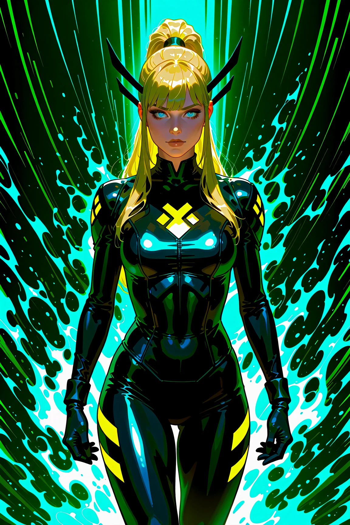 ((Best quality)), ((masterpiece)), (detailed: 1.4), (Absurd), Gynoid, (((action pose))), shiny skin, perfect body, defined muscles, half-thick bare thighs, mouth closed, only in panties, (((include stars all over the outfit))), muscular body covered by clothing Very dark blue and orange yellow with nebula effect, Genesis evangelion neon style, cyberpunk, generous neckline, ((perfect medium breasts)), (well-outlined eyes without pupils), ((long and very black eyelashes)), (((dark green, yellow and dark blue clothing)))), (((blonde hair with locks))), (((rot rod flames covering the breasts))), (Cosmic tattoo on the arms), short underwear, garter belt, by mucha, niji --V5, close to real, psychopath, crazy face, sexy pose, 2 piece clothing, pastel, centered, scale to fit the dimensions, HDR (High Dynamic Range), Ray Tracing,NVIDIA RTX,Super-Resolution,Unreal 5,Subsurface Dispersion, PBR Texture, Post-processing, Anisotropic Filtering, Depth of field, Maximum clarity and sharpness, Multilayer textures, Albedo and specular maps, Surface shading, Accurate simulation of light-material interaction, Perfect proportions, Octane Render, Two-tone lighting, Wide aperture, Low ISO, White balance, Rule of thirds, 8K RAW