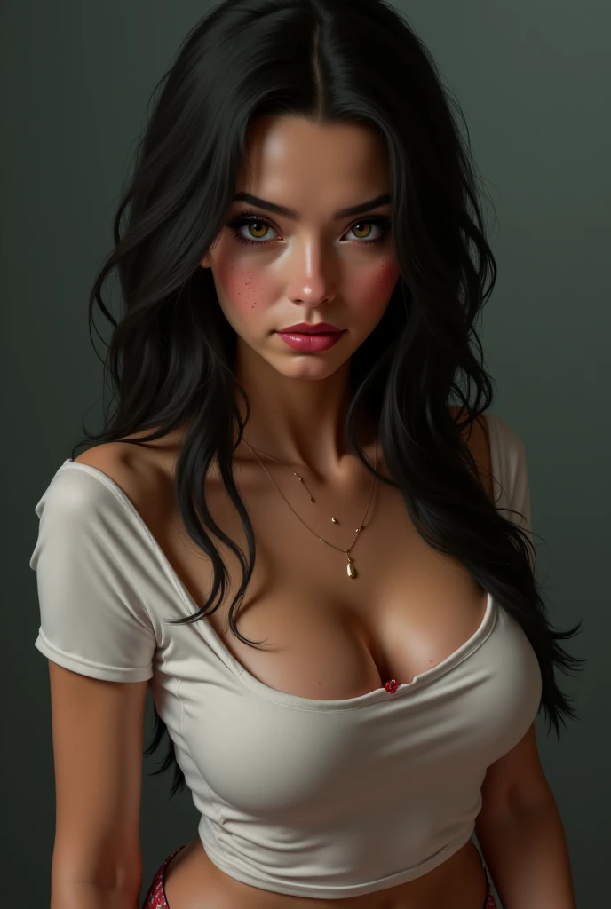 a realistic photo of a 2 woman, long black hair, sexy shirt, with majestic background of modern art. She wears a casual outfit for a day of discovery. portrait