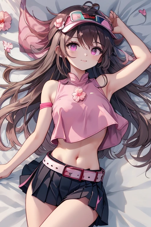 Cute girl, long dark brown hair, light brown eyes, red cheeks, wolf ears, pink dress, big breasts, exposed stomach, short shorts
