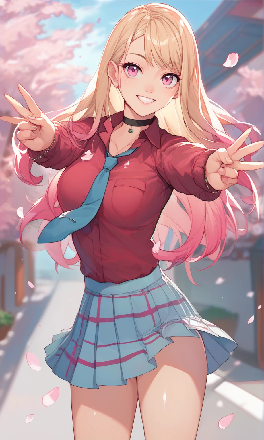 (masterpiece, best quality), 1girl,  FuyukiMinami, FuyukiMinami, blue jacket, pink cardigan, cleavage, red scarf, grey skirt