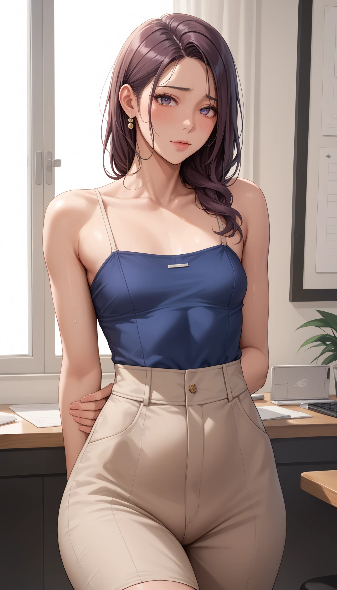 masterpiece, best quality, ultra detailed, ultra high resolution, very detailed face, solo, ((raw photo)), 22 years old japanese girl, (((white blouse, tight skirt, glasses))), ((brown bob hair, ponytail)), (((medium breast))), (six pack abs:1.2), ((bad mood)), in the night room
