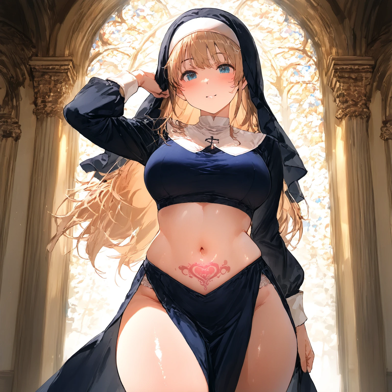 1girl, solo, ,from behind,  <lora:ButtCrack:1>,blonde hair,  ,red eyes, arms at sides, bare back, looking back, nun, demon horns,