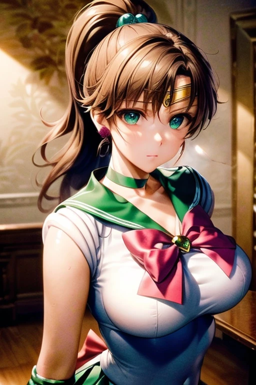 (masterpiece:1.2), best quality, high resolution, unity 8k wallpaper, (illustration:0.8), (beautiful detailed face:1.2, beautiful detailed eyes:1.2), perfect lighting, extremely detailed CG, (perfect hands, perfect ???????),
Cute, beautiful, charming lady, shiny hair, lustrous skin, beautiful light big eyes,
big breasts, milf, married woman, soft With a gentle appearance and a gentle mother-like atmosphere,
A priestess, a beautiful and innocent priestess, wearing a priestess dress, pure white and divine priestess clothes,
jupiter_a, tiara, sailor senshi uniform, green skirt, green sailor collar, pink bow, knee boots, green choker, white elbow gloves, jewelry, earrings,