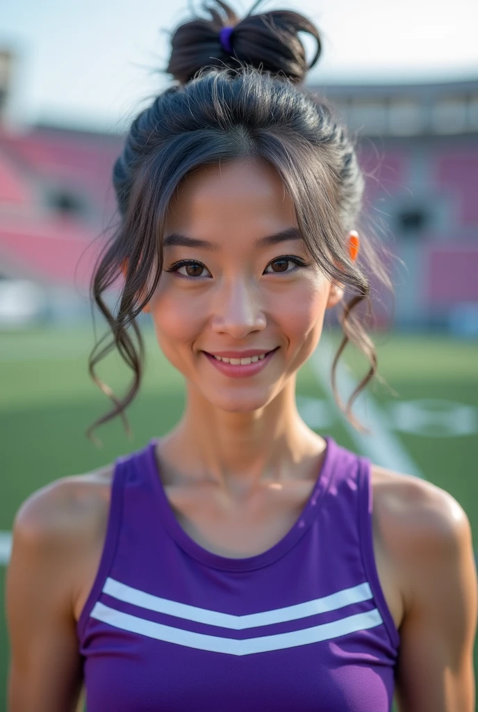 a 1/4 japanese american teenage girl with long blonde hair, purple eyes, side parted bangs, short front bangs, smiling, medium bust, wearing sports shorts, outdoors, track and field, arrogant, professional camera, professional lighting, (best quality,4k,8k,highres,masterpiece:1.2),ultra-detailed,(realistic,photorealistic,photo-realistic:1.37),vivid colors,studio lighting,extremely detailed face and eyes,beautiful detailed lips,longeyelashes,athletic,confident,dynamic pose,cinematic lighting,beautiful natural landscape background