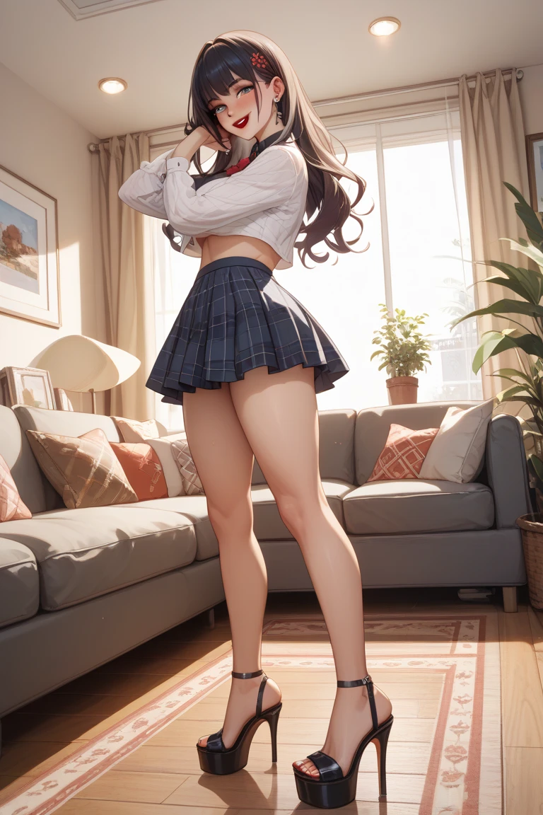 (best quality, 8k, highres, photorealistic:2.0), (solo, one girl:2.0),(lighting: strong),(lighting: front),(very muscular girl:2.0),(bodybuilder girl:1.5),(shiny skin:1.5),(long hair:1.5),(ash hair color:1.5),(Open your bent legs to the limit:1.5),(raise both arms behind your head:1.5),(black loafers:1.5),(()),(white collar shirt),(long sleeve shirt:1.1),(tight shirt),((ribbon bow tie:1.1)),(short white socks),((blue pleated skirt)),((blue skirt)),((Wearing cute patterned white panties)),(orgasm:1.1),((Girl leaning on an old leather sofa)), very beautiful girl, Blush brown makeup , dark eye makeup
