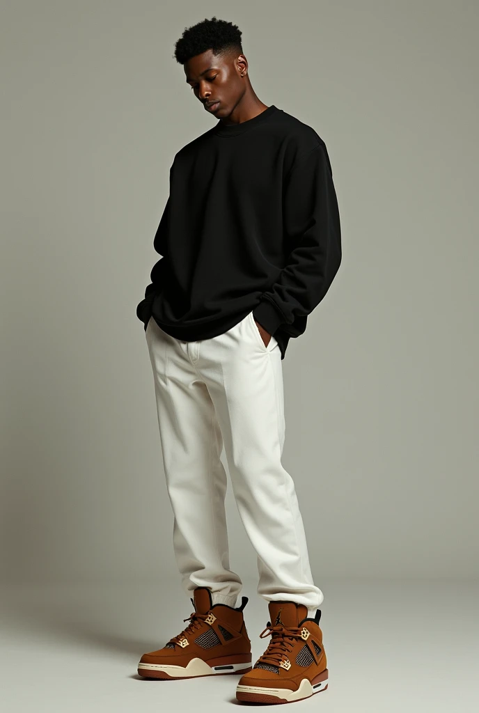  A Man, With the Jordan 4 brown version/longing/purple, with white pants and a black sweatshirt