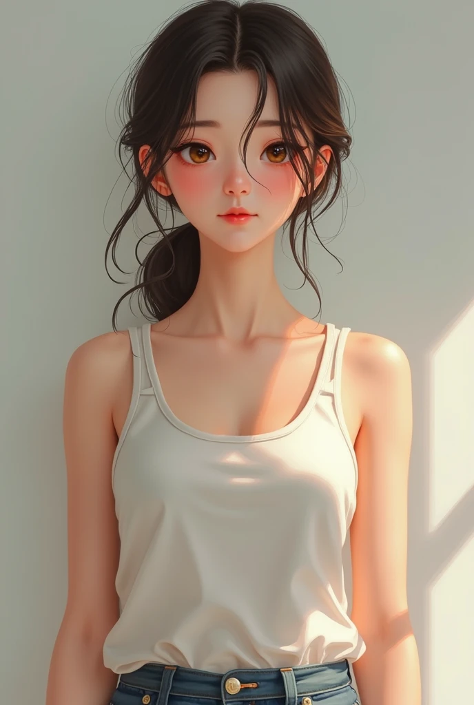 A high school girl touches her waist with hands