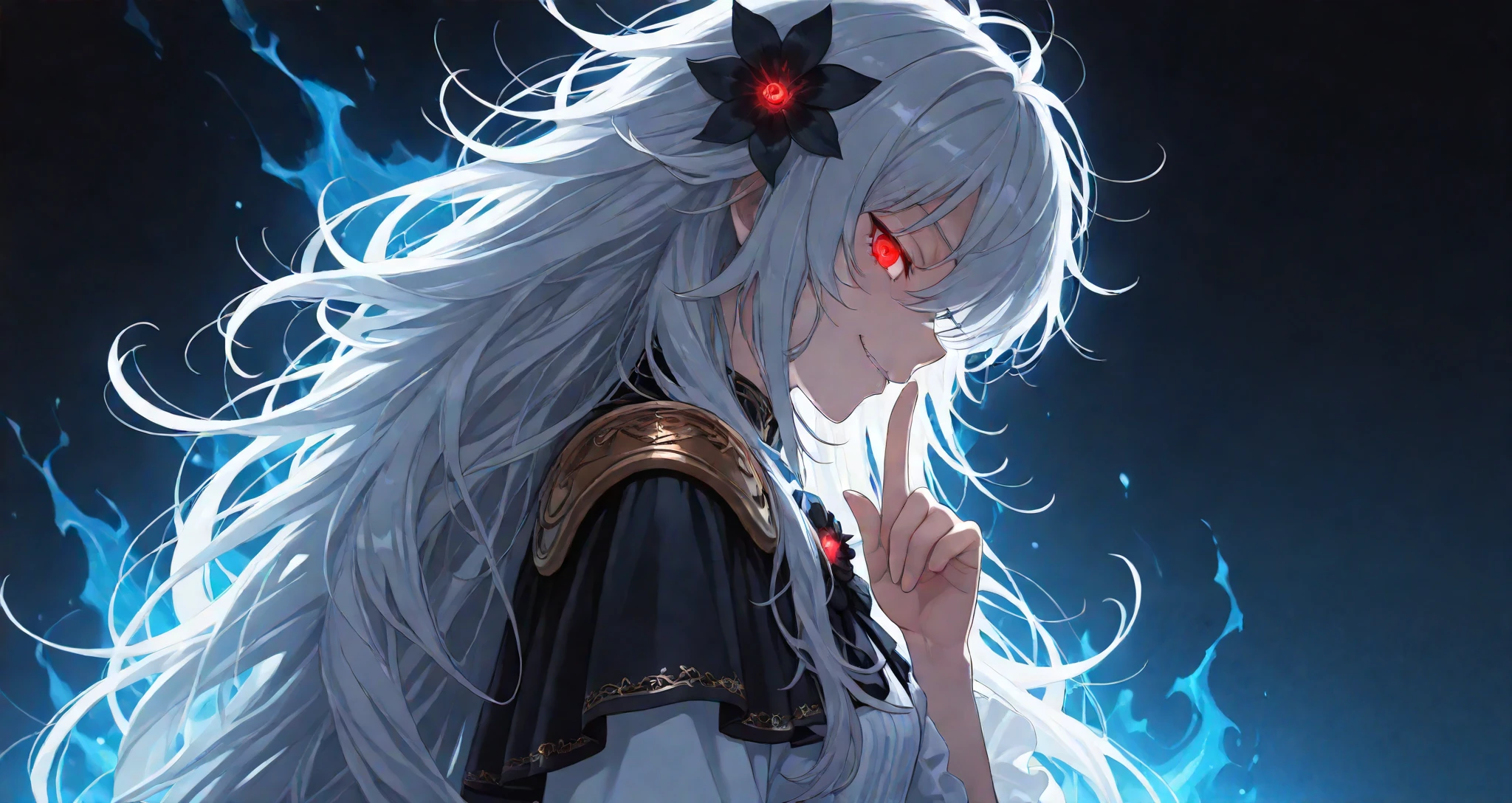 (solo:1.7), detailxl, Anime illustration, detailed anime artstyle, cinematic, volumetric lighting, clear sky, evening, cold light, colorful, light reflection, (head tilt, looking over her shoulder, teasing, lidded eyes, sultry, (side shot, side profile, from the side:1.1):1.5), glaring at viewer, side eye, front, upper body shot, fotoshoot, model, (1girl:0.98), young, adolescent, detailed skin, extremely detailed eyes, dynamic pose, crimson eyes, glowing eyes, (very long hair, messy hair, wild hair, hair in front of eye:1.2), flower brooch in her hair, auralora cosmic flowers, aura flowers, finger on her lips, shushing, shush, crazy eyes, soft smirk, black flower, blue glow, blue aura, moon, lunar power, closed mouth, (white hair, gray hair, shining hair:1.1), crazy smile, crazy laugh, (tsurime:1.3), (white french dress:1.1), asymmetrical black magical mage shoulder pad, capelet, ornate dress