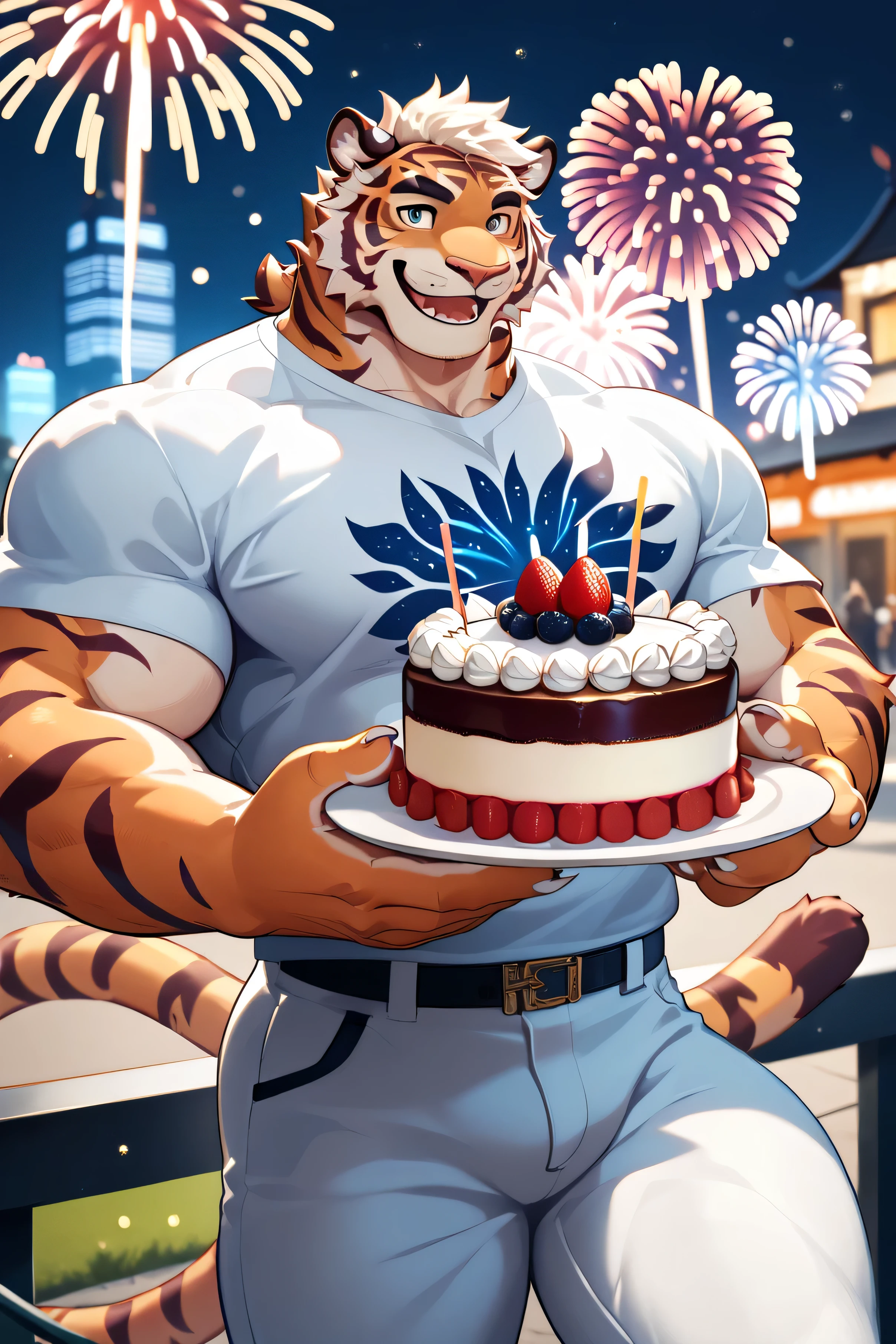 Tiger figure, male with a strong physique, fat, and wearing a shirt and white pants, holding a cake in his hand, smiling in the background, fireworks, foot claws, depth of field, perfect lighting, (light particles),(is of the best quality),( masterpiece),(ultra de tail ed), sharp focus,light particles
