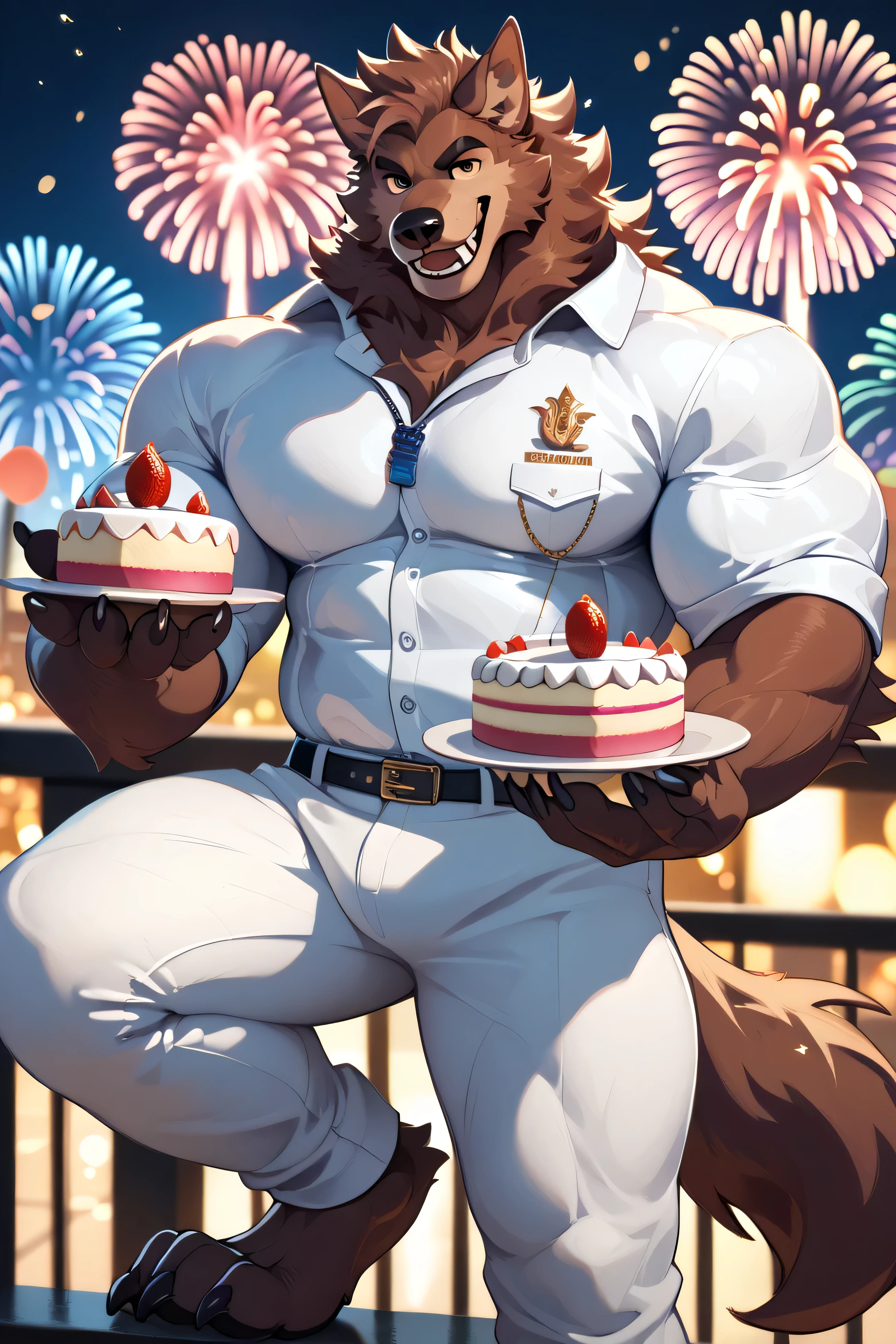 german shepherd, firework background, naked, muscular, us flag thong, tongue out, cute, lean, chest, smooth, fluffy