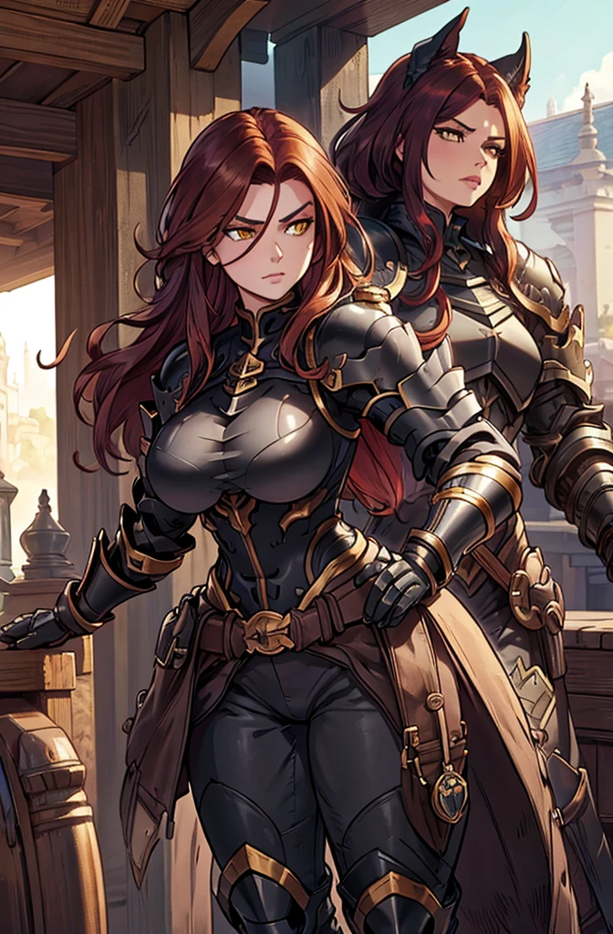 Erza Scarlet is one of the main characters in the series. The young woman with scarlet hair and brown eyes is described by Lucy Heartfilia herself as an amazing woman, very strict and who does not admit when others make mistakes. She is a slender figure with well-drawn curves. Seu traje mais comum consiste em un espartilho feito sob medida, A pair of red pants, Botas pretas e brincos em forma de diamante, in high resolution, circunstanciado, uma arte para um Jogo de rpg ((melhor qualidade)) ((olhos bonitos)) ((Steampunk))