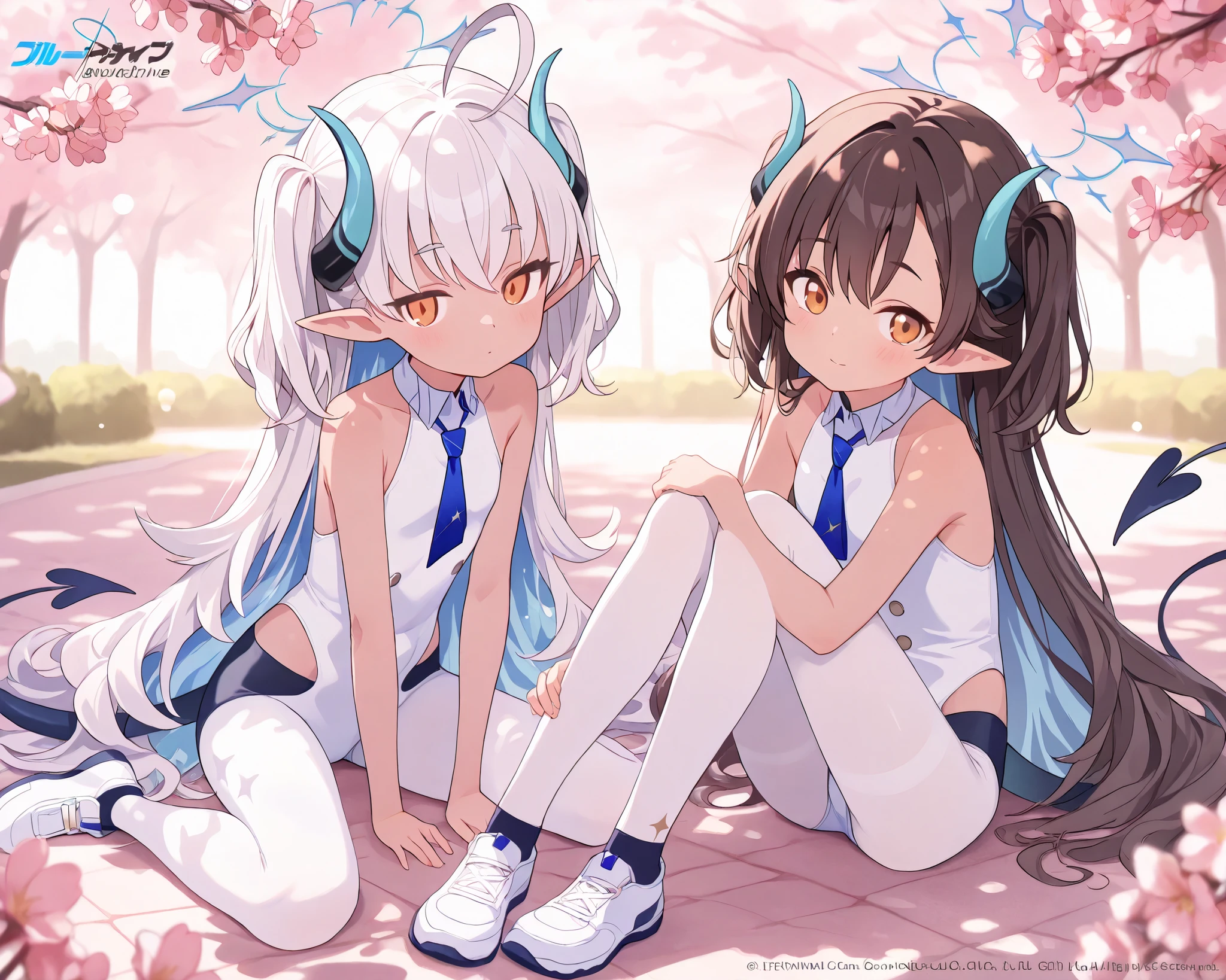 2 girls, twins, young girls, very short girl, highschool girl, solo, looking at viewer, (light brown skin girl:1.6, dark brown hair, sideswept parted hairbangs), masterpiece, 8k, highly detailed, professional photography, natural lighting, warm color palette, soft bokeh, elegant, serene, peaceful expression, school uniform, outdoors, peaceful garden setting, cherry blossom trees, dappled sunlight, lush greenery, sumomo-leotard, white pantyhose, sumomo \(blue archive\),orange eyes, white hair, long hair, two side up,demon horns,pointy ears,halo,demon tails, white leotard,blue necktie,white footwear