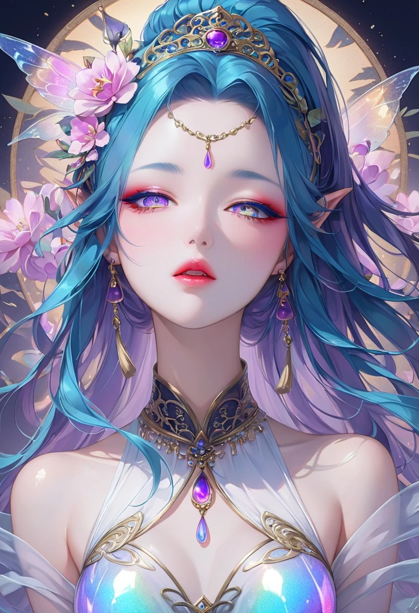 (((masterpiece))), (((best quality))), ((ultra-detailed)),(highly detailed CG illustration), ((an extremely delicate and beautiful)),cinematic light, Create a stunning fantasy artwork that mimics the style of currently trending masters of the genre. The art piece should contain elements of both mythic fantasy and fairytale fantasy with colorful accents. ((Utilize various shades of pink and watercolor pastels as the main color scheme.)) The character in the artwork is a delicate but strong petite figure with an aura of mystery and magic. Pay close attention to intricate facial features, such as mesmerizing eyes with vibrant colors and bold shading. The character's clothing should be designed with gossamer feathers, silk, stunning embroidery, and subtle iridescent details. Incorporate dreamy colors, dynamic lighting, and detailed background elements to create a sense of awe and immersion. Include colorful flying magical birds and jewel-toned butterflies radiating a magical aura. Consider the latest trends in fantasy art, such as incorporating unique lighting effects, exploring dynamic and compelling composition techniques, and experimenting with unique color palettes. Take inspiration from the top artists on ArtStation and Midjourney. Camera: Choose an angle that highlights the character's beauty and enhances the magical majesty of the artwork. Lighting: Utilize atmospheric lighting techniques to create depth and mood. Resolution: Aim for a high-resolution artwork to showcase intricate details and clarity. Art Inspirations: Seek inspiration from the trending artists on ArtStation, exploring different styles, genres, and themes.