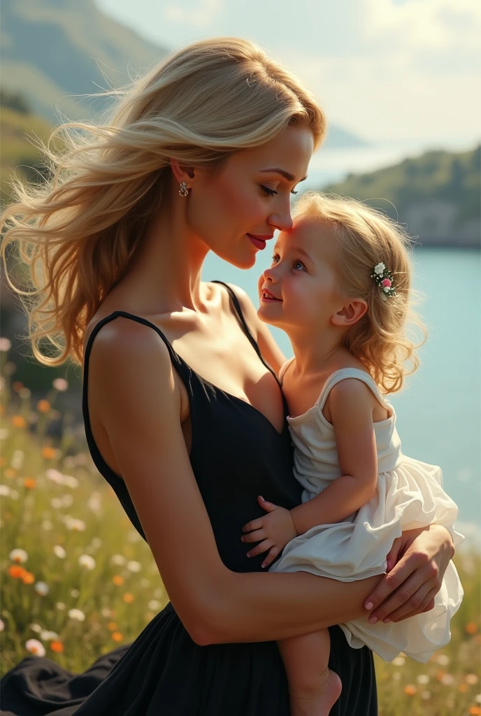 photograph of a tall blond teenager, blue-eyed , with a natural beach tan and a captivating smile with her 3-month-old white, blonde-haired baby sister