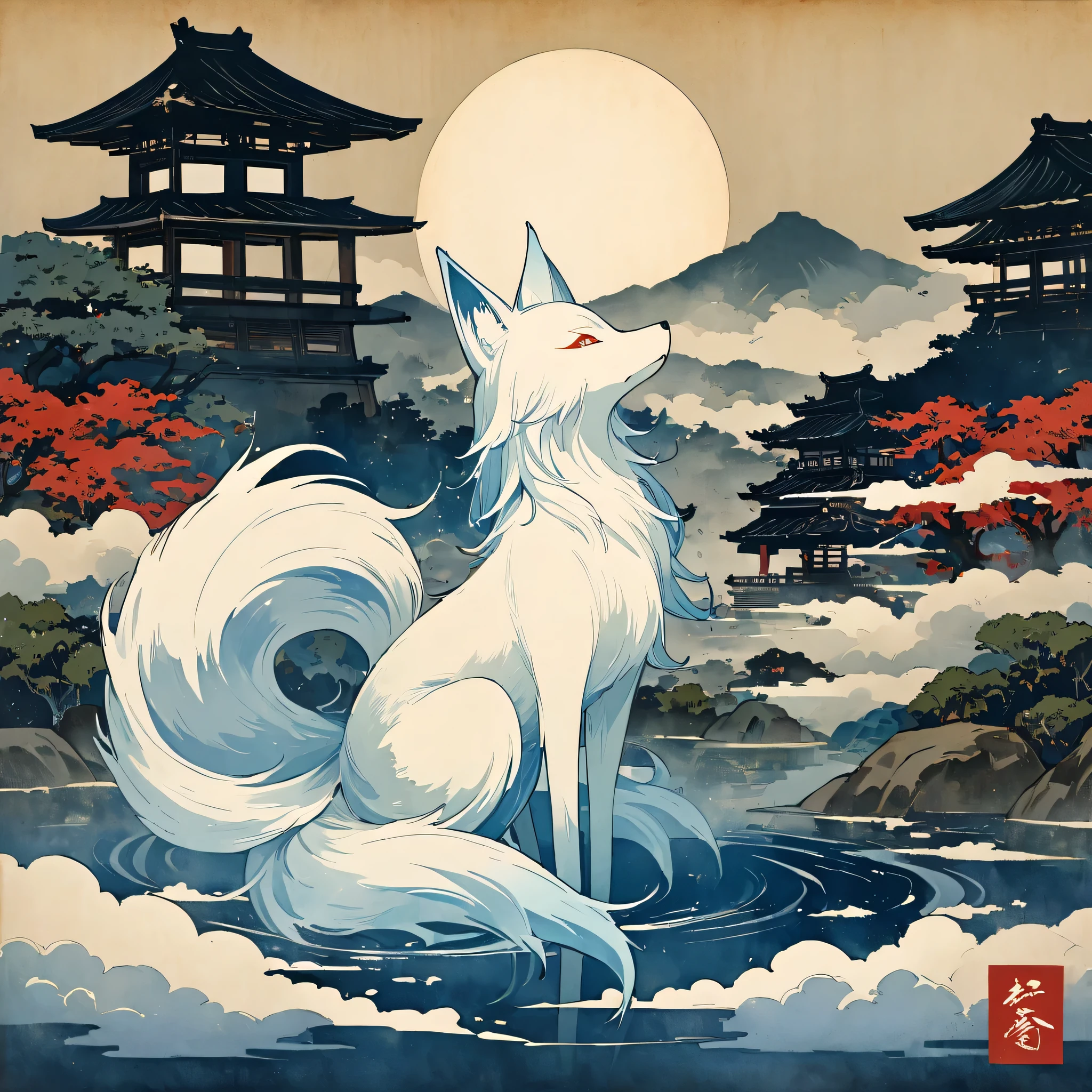 Yokai, ayakashi, Nine-tailed fox, ukiyo-e, Japanese style