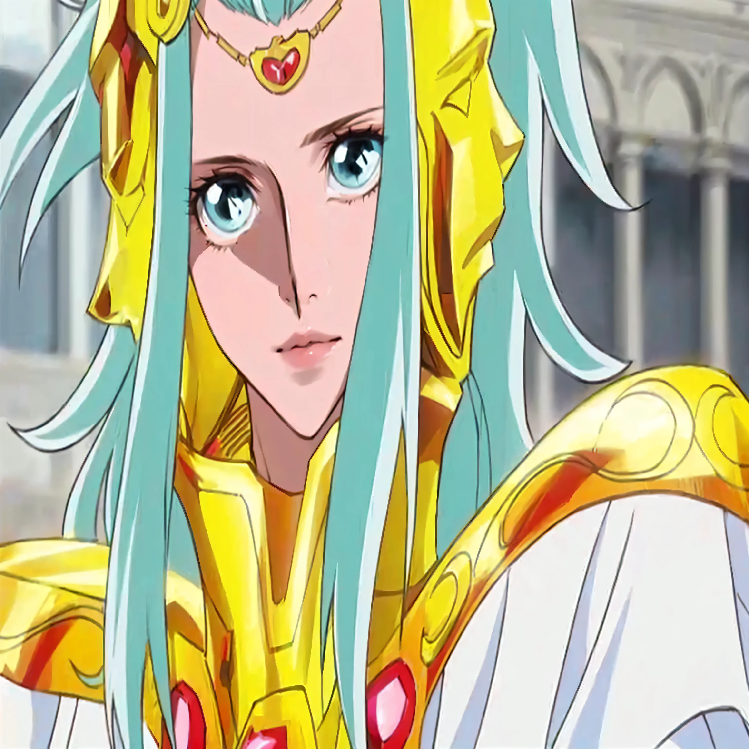 A close up of a woman with long hair wearing a gold outfit - SeaArt AI