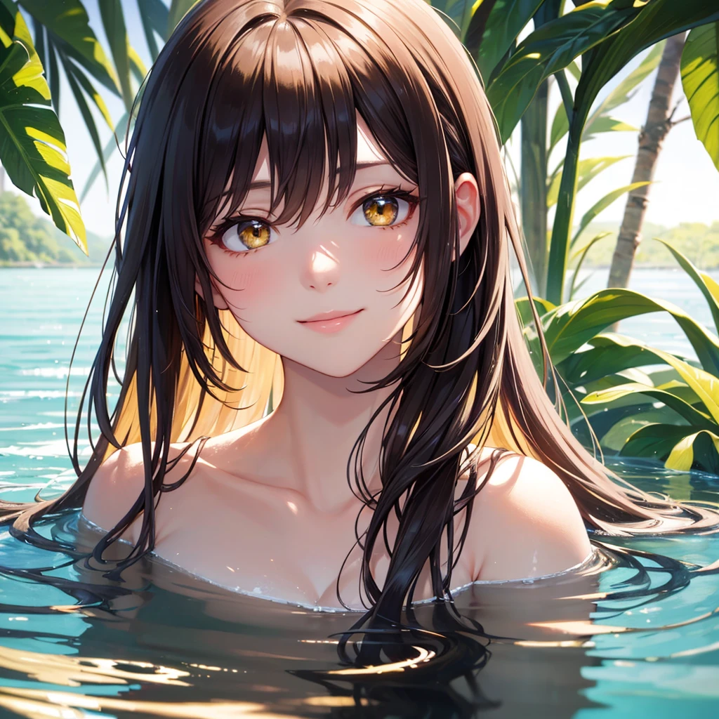 (Master masterpiece、beste-Qualit、beste-Qualit、Official art、Beautiful and aesthetic:1.2),Girl in a swimsuit, Summer, Water droplets,细致背景、Nature、Arm up、Smiles、cute-cute、Mysterious、mysterious background、chee、Shy face、small tits、A slender、