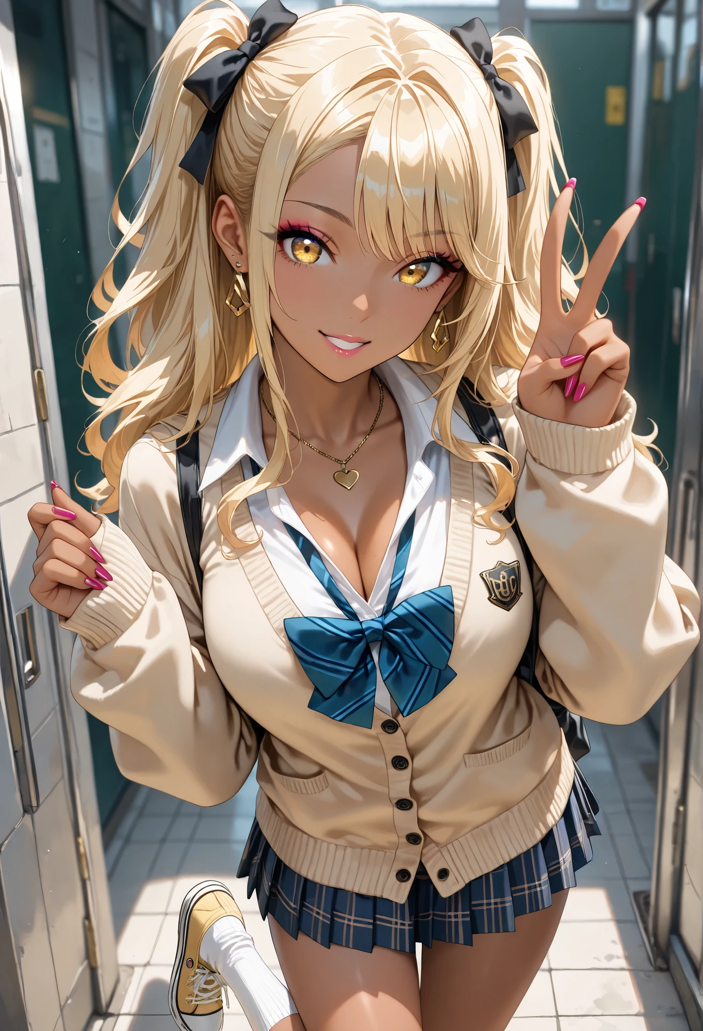 (masterpiece, high resolution, 2k resolution, absurd quality, best quality), cowboy shot, portrait, BREAK, short, gal, gyaru, blonde hair, cute ribbon, necklace, earrings, (wearing high school uniform, wearing cardigan), JK, tanned skin, short white socks, yellow converse shoes, peace sign, looking at viewer, portrait, full-body, golden eyes,
