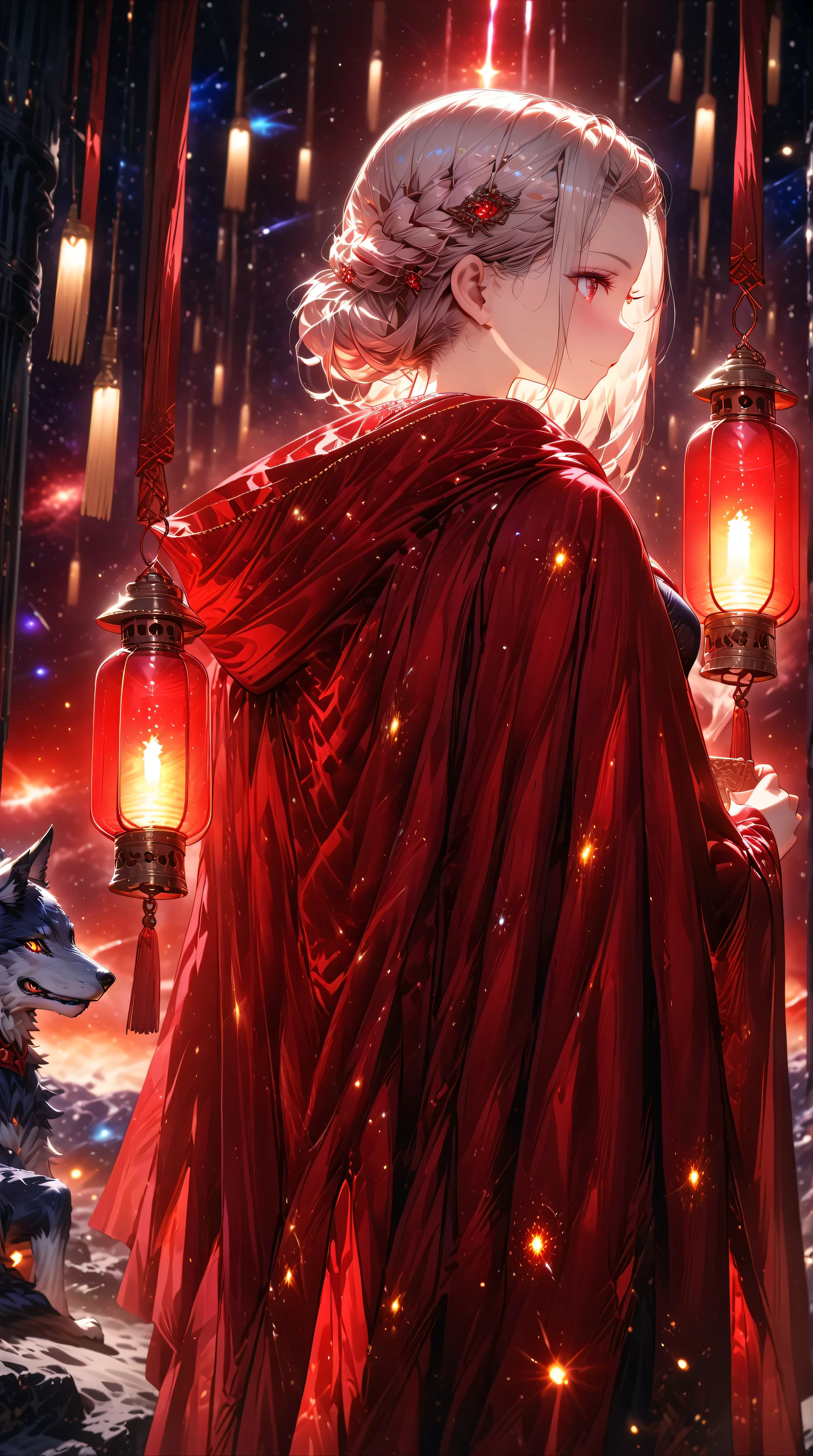 ((masterpiece, high image quality ,8k)),(( Very Detailed ,perfect picture)),(perfect anatomy),(ultra detailed),((adult woman)),((dark red cloak)),((from behind)), Cosmic Space, galaxy,( turn around),(only the light of the lantern held by the woman is shining),is wearing a mask,(hair slicked back),(wolf cut),very short hair,unkempt lantern hair,Holding a lantern in one hand,(white hair),((one adult woman)),pitch dark background,(( Cosmic Space)), grinning