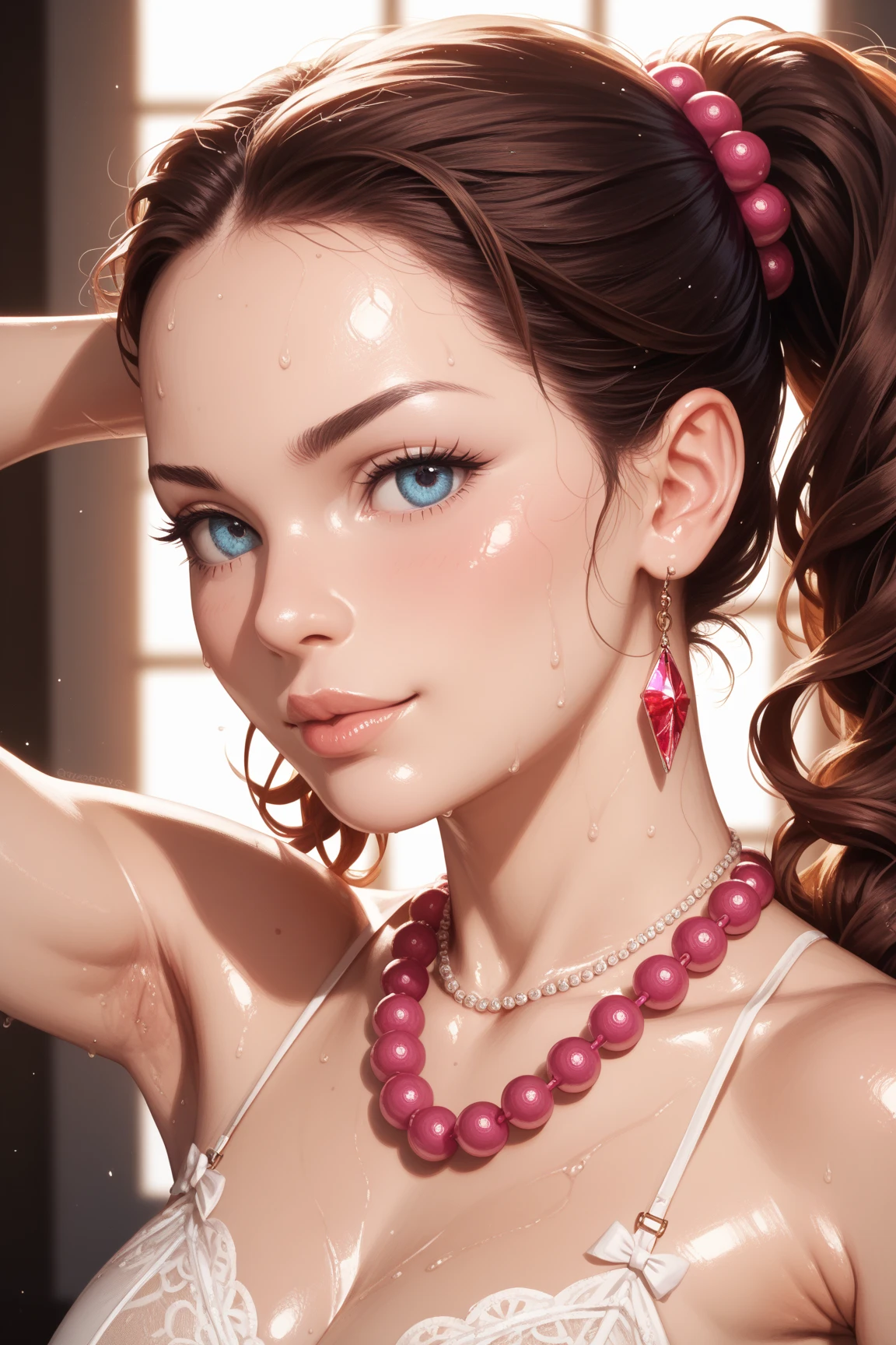 ((Brunette))), (pink eyes), blue necklace, green earrings, Fit, Gorgeous Body, gorgeous, brown eyebrows, (two moles over lip), big pupils, (18 years old), complex skin, warm light, 5 fingers, ((detailed face, best quality)), ((masterpiece)), ((ultra-detailed)), (beautiful detailed eyes), pink lip, eyeshadow, beautiful face, long hair, very detailed eyes, intricate details in eyes, perfect lips, good lighting, ((hot latex)), long hair, detailed face, mean smirk, evil face, ((in a pink bedroom)), ((masterpiece: 1.4, full body)),
