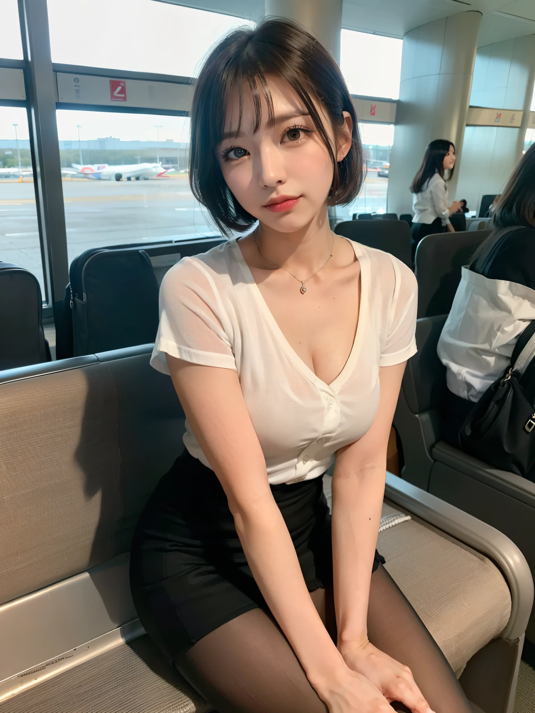 Highest quality、、masterpiece、Ultra-high resolution、Clear photos、(とてもcute 女の子、beautiful girl、 cute!、Berry Short Cut、Brown Hair)、 thin、Large Breasts、(Large erect nipples)、smile、Inside the train、Please sit in the front seat、There is a man sitting next to me、(White panties are visible)、Wearing a white tank top、Wearing a checked mini skirt