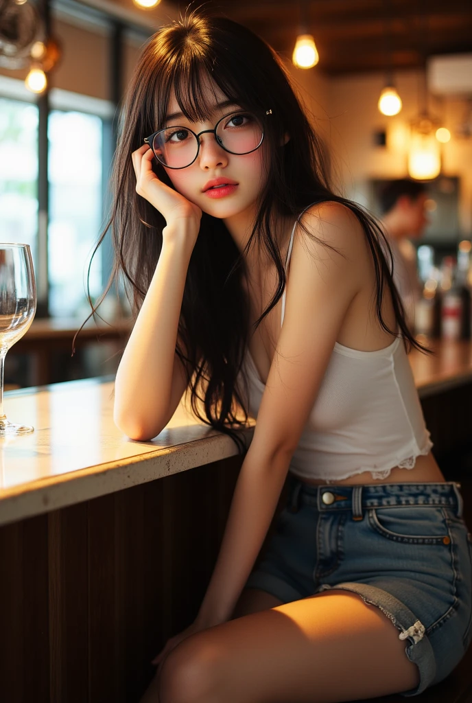 ((Best Quality)), ((傑Best Quality、masterpiece、High sensitivity、Hi-Res、detailed description、Delicate Face Depiction))Slender Woman、glasses、happy smiles、 shorts 、With your chin in your hand、 at the bar counter、