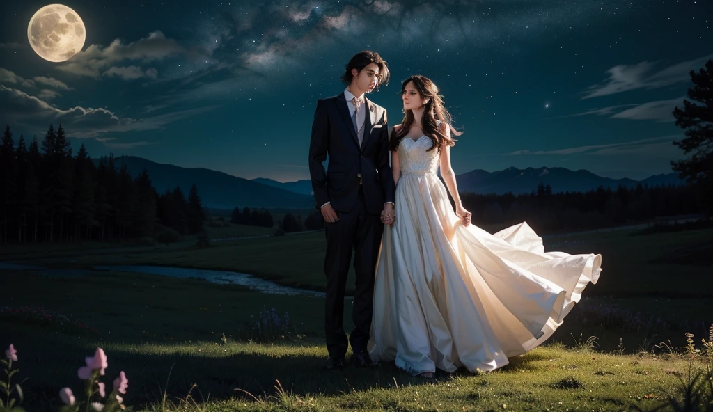 (((quality: Best picture quality))), ((Painting style: 𝓡𝓸𝓶𝓪𝓷𝓽𝓲𝓬)), (newlyweds:1),(Look at the stars at the top of the mountain at middle night),(wedding gown),(Business suit),(Shine the stars：1.5), Romantic couple photos, cinematic Film still from