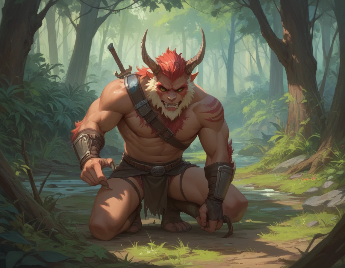 ultra-detailed, masterpiece, masterwork, high quality, best quality, hdr, posted on e621, (by darkgem, by zaahrich), (nature), nsfw, (male), solo, (red little body minotaur), dragon, (long golden hair, yellow eyes, white body), stylish pose, standing, dynamic angle, (nude, long foreskin, balls)