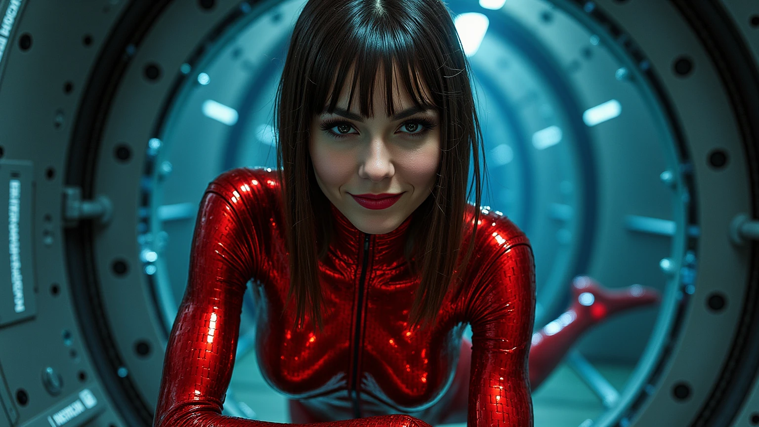 full body image, wearing all clear reflective wet-look spandex bodysuit. has red motor oil covering her whole body. in the style of a futuristic fembot.
She is an enemy spy breaking into a futuristic underwater Submarine by breaking the glass window and swimming inside, she sneaks up behind crew members and attacks. she is smiling.