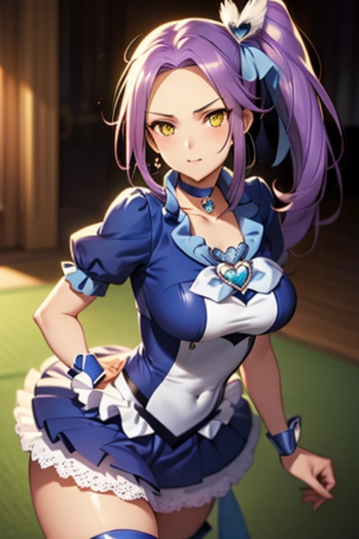 long hair, mole under mouth, purple hair, single braid, hair between eyes, aqua eyes, closed mouth, ahoge, 1girl, from below, looking down on me, cowboy shot, big breasts, lifting dress, maid headdress, maid outfit, panties, thighhighs