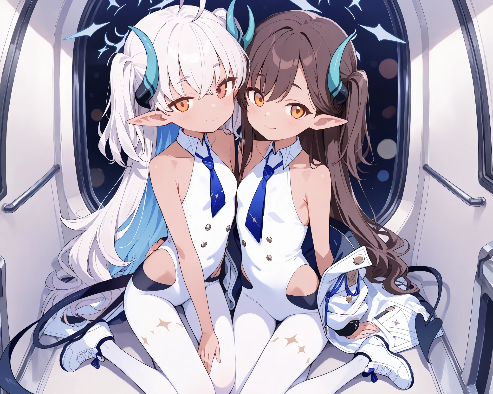 2 girls, twins, young girls, very short girl, highschool girl, solo, looking at viewer, (light brown skin girl:1.6, dark brown hair:1.4, sideswept parted hairbangs), masterpiece, 8k, highly detailed, professional photography, natural lighting, cool color palette, soft bokeh, elegant, serene, mischievous expression, indoors, sci-fi setting, space background, inside bridge of a ship, sumomo-leotard, white pantyhose, sumomo \(blue archive\),orange eyes, white hair, long hair, two side up,demon horns,pointy ears,halo,demon tails, white leotard,blue necktie,white footwear