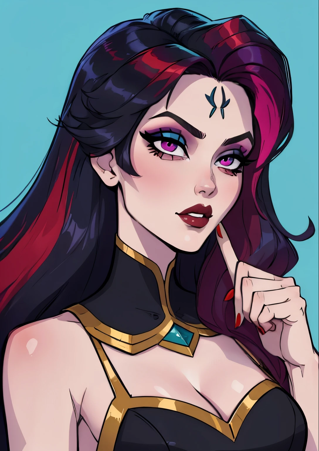 masterpiece, best quality, 1female, beautiful, face portrait, 1girl, face focus, deep makeup, goth, cell shading, firecracker diana, straight hair, long hair, multicolored hair, pale skin