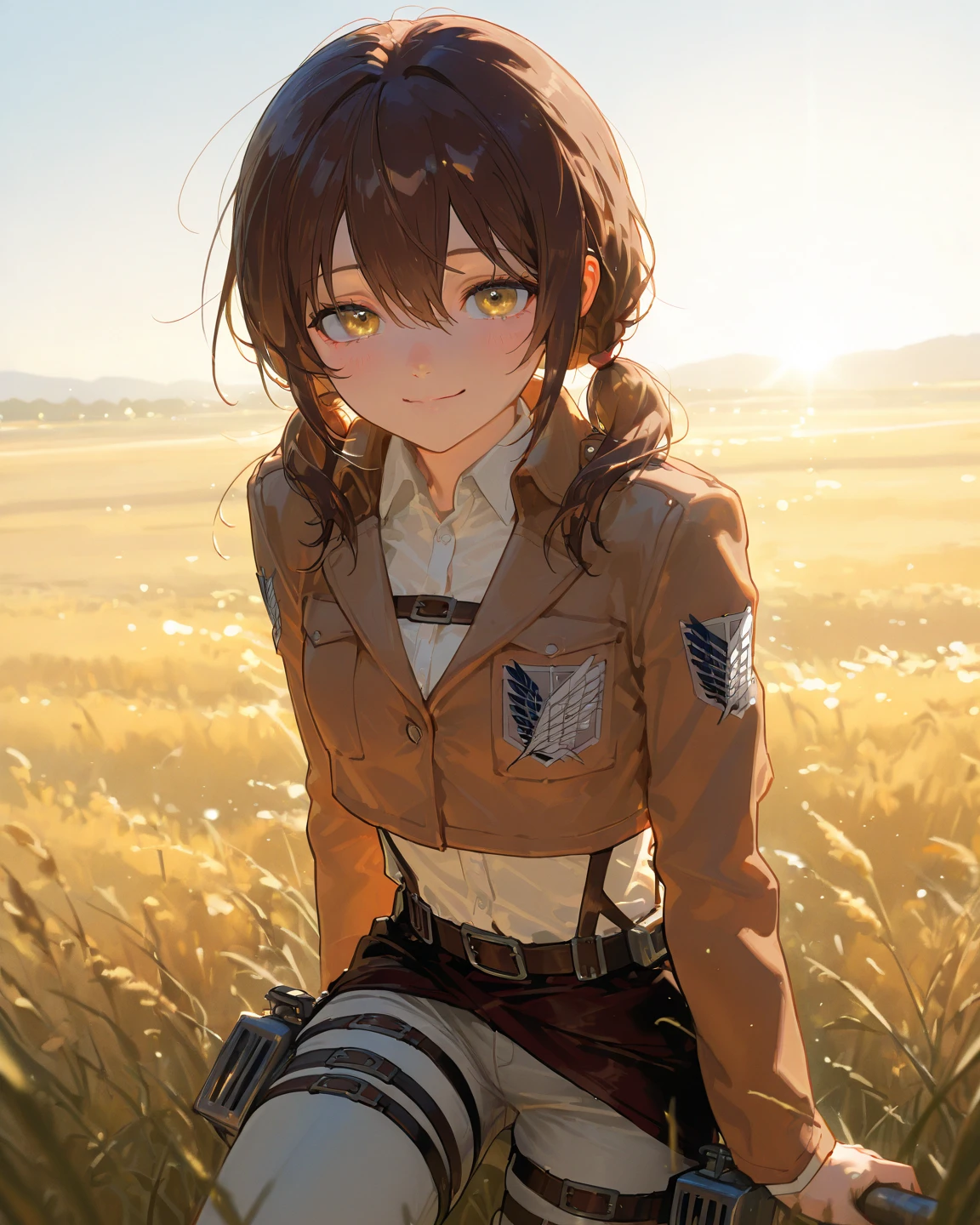 1girl, young, two braids, brown hair, cute, smile, attack on titan, outfit