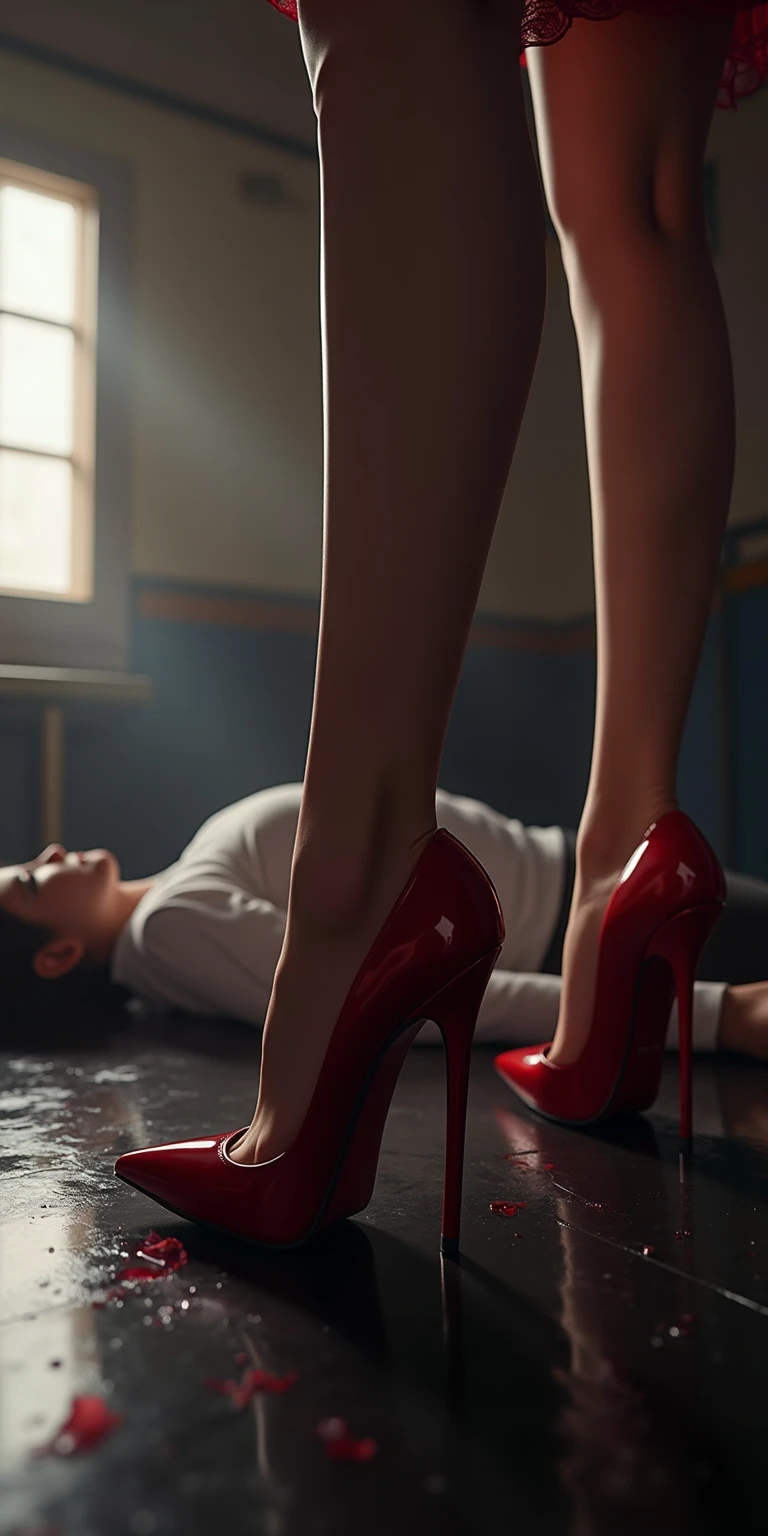 ((best quality)), ((masterpiece)), (detailed), 2 girls are standing directly upon a dying man who is laying on the floor, real photo, 8k, crushed underfoot, ((((high heels are stabbed several inches through skin causing bleeding, killing him)))) black thigh highs, daylight, bright room, hyperrealism