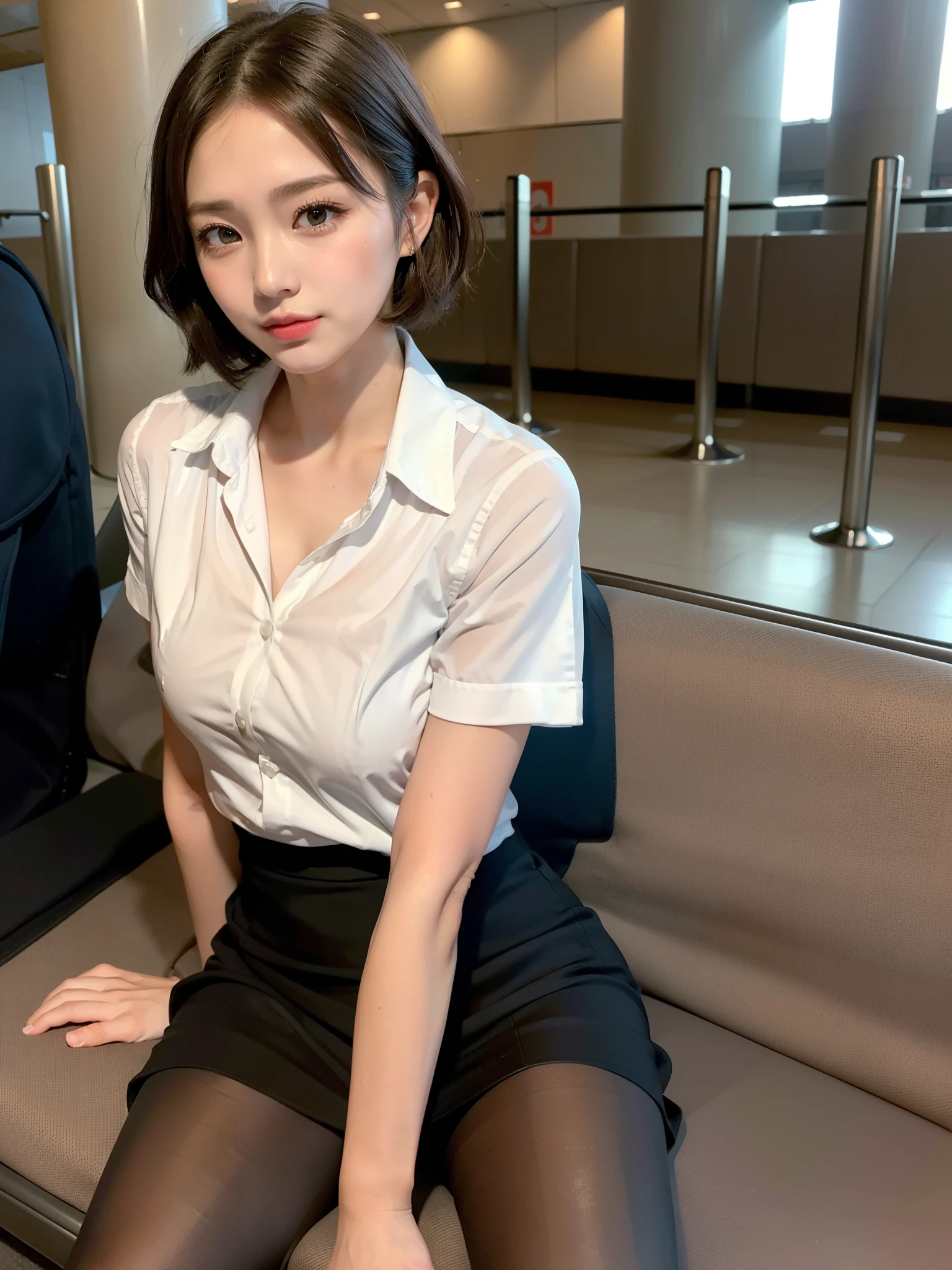 (((A woman sits in a chair in an office in Tokyo:1.5、Spread your legs)))、(Realistic、Like a photograph、Live Action、8k, Realistic, RAW Photos, Best image quality: 1.4), Single-lens reflex camera、RAW Photos, Highest quality, Realistic, Highly detailed CG Unity 8k wallpaper, Written boundary depth, Cinematic Light, Lens flare, Ray Tracing, Realistic background、(Tight mini skirt:1.4、White shirt:1.2、White panties are visible)、Grey Hair、short hair、((Ultra-Dense Skin))、 1 office lady、(whole body:1.5)、I like that style、Pay attention to the details、Perfect outfit、(White skin)、(Accurate Arm、Accurate feet、Beautiful legs、Anatomically correct body)、View from below