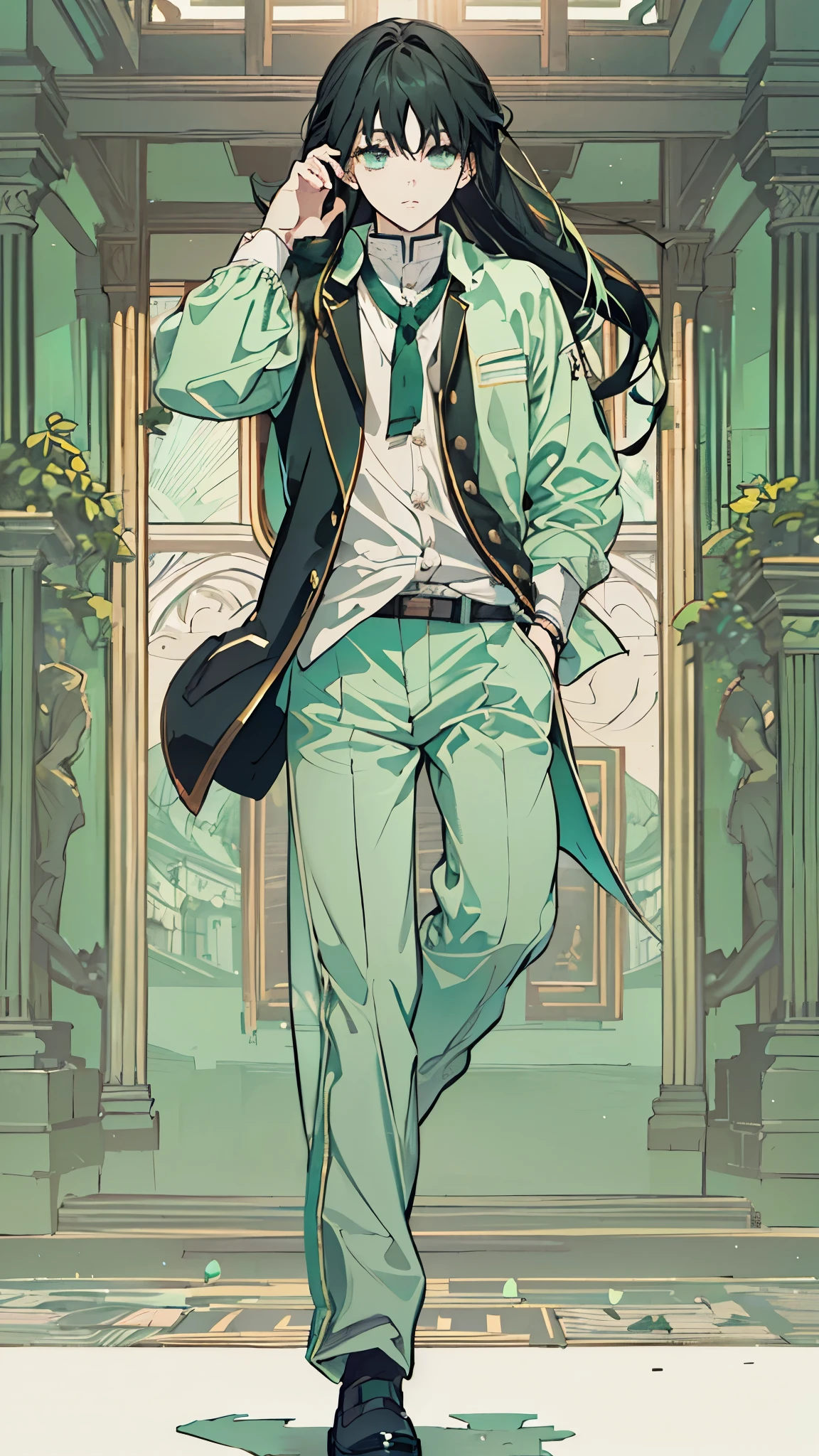 A boy with long, straight black hair, which degrades gracefully to a mint green shade at the ends. His mint green eyes sparkle with a serene and enigmatic air. He wears a traditional school uniform, consisting of a neatly pressed shirt, a dark-toned jacket and matching pants, conveying a neat and sophisticated style. His expression is calm and thoughtful, with a relaxed yet elegant posture. The background is completely white, highlighting her figure and the details of her appearance. Illustration in anime style with clean lines and soft shading, fondo blanco.