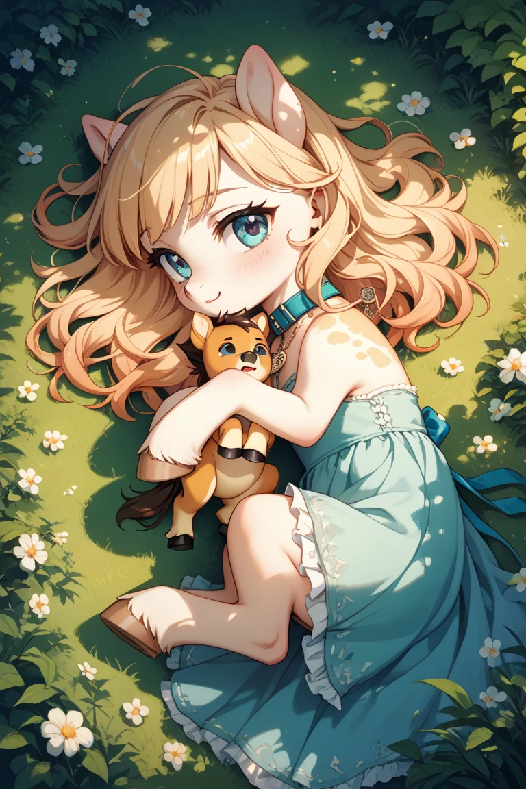 a baby with golden hair and ears, a light blue cat tail and green eyes