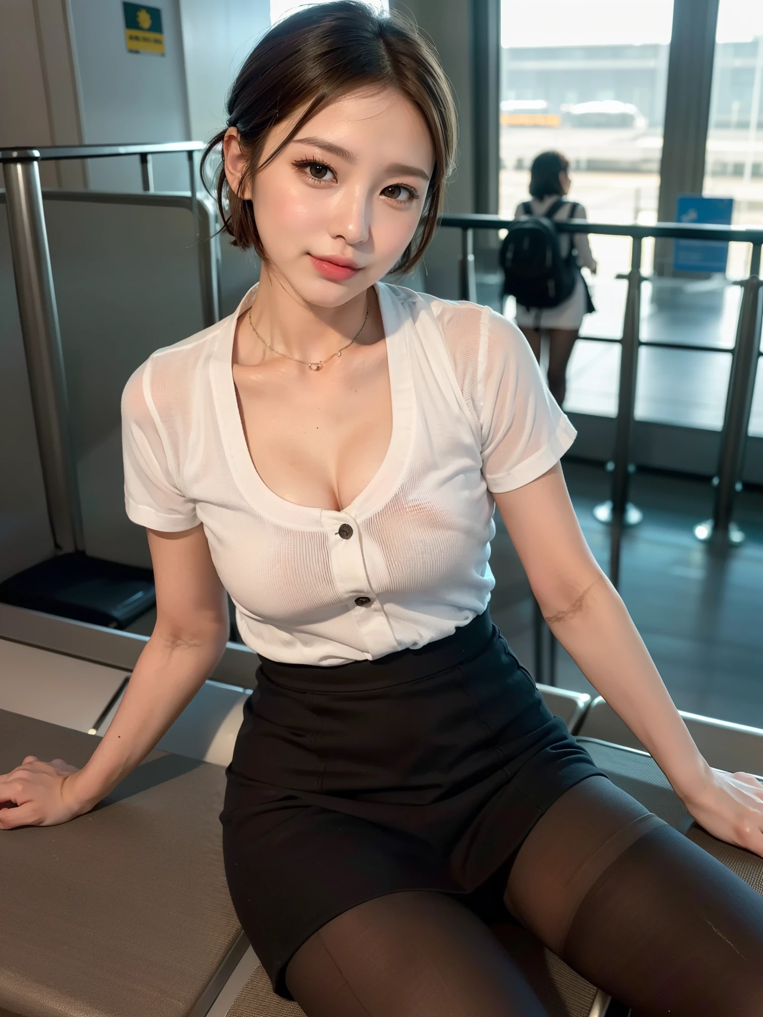 ((top-quality、8K、tmasterpiece: 1.3))、Perfect body beauty: 1.4、Tall and tall、Slender legs: 1.2、with hands behind her back、The reveal panties、Bare breasts、18yr old、((top-quality、8K、tmasterpiece:1.3))、1girl in、Full body photo、Slim Faces、Pretty women、(with short dark brown hair)、com rosto detalhado、A detailed eye、二重まぶた、The background is blurred out、Slim Faces、office room、Highly detailed facial and skin texture、A detailed eye、二重まぶた、A smile:1.5、(Colossal tits:1.3)、com rosto detalhado、Very detailed lips、bottom-up shooting、frontage,spread their legs、top-quality、tmasterpiece、超A high resolution、(Photorealsitic:1.4)、cosplay、Pubic hair is clearly visible、pantyless、Naughty role-playing、ultra - detailed、(((pantyless)))、(((Spread your legs apart)))、(((Translucent pale gold shirt)))、(((Put your hands behind your back)))、(((pantyless)))、(((Stand on the outdoor steps)))、(((Wear pantyhose)))、(((A shirt that is completely open)))、(((Pink areola exposure )))