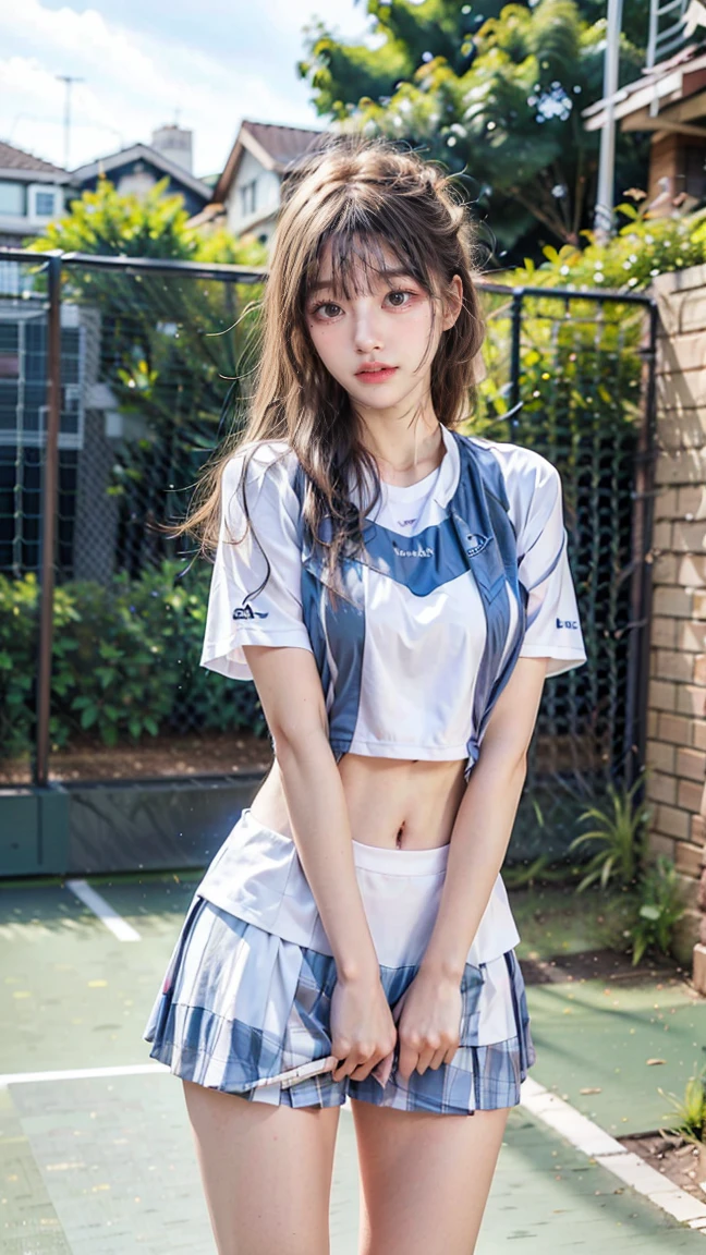 Top image quality、8K、​masterpiece：1.3))、Realistic high-quality photos、top-quality、girl cute-fine face、13 years old beautiful Japan girl、Photo of slim little girl model、Beautiful girl model、young japanese girl、Young cute face、japanaese girl、13-year-old female model、Beautiful Model Girl、The innocent look of the girl next door、lovely delicate face、Brown hair、Beautiful brown eyes、Tear bag、drooing eyes、young body、tennis coat, Wearing a tennis uniform, Sleeveless, erectile nipple, Navel Ejection, Cameltoe,